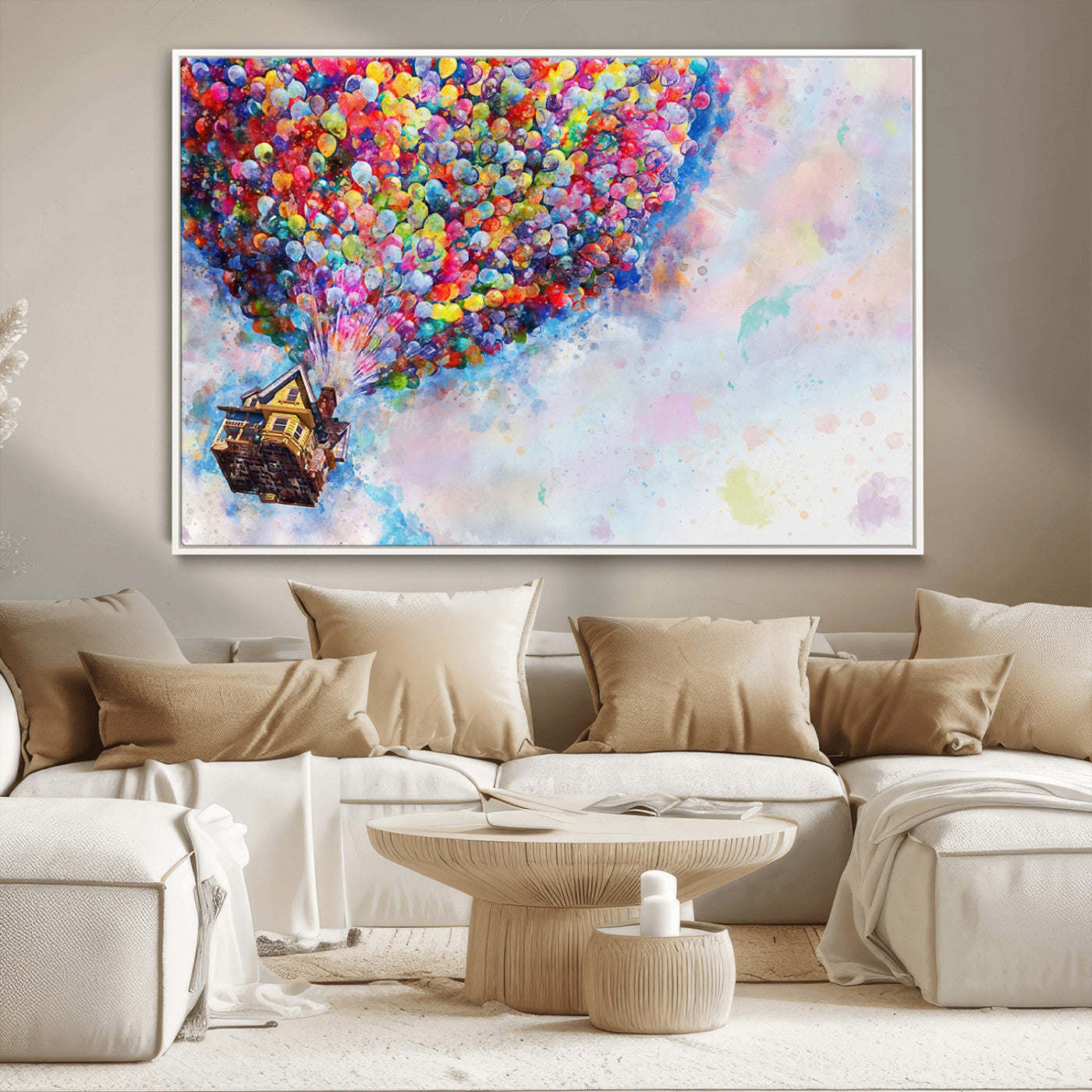 MGV-FC-36X24 - Don't Look Up Movie Canvas Wall Art - Vibrant Floating House and Balloons Scene, Tribute to Iconic