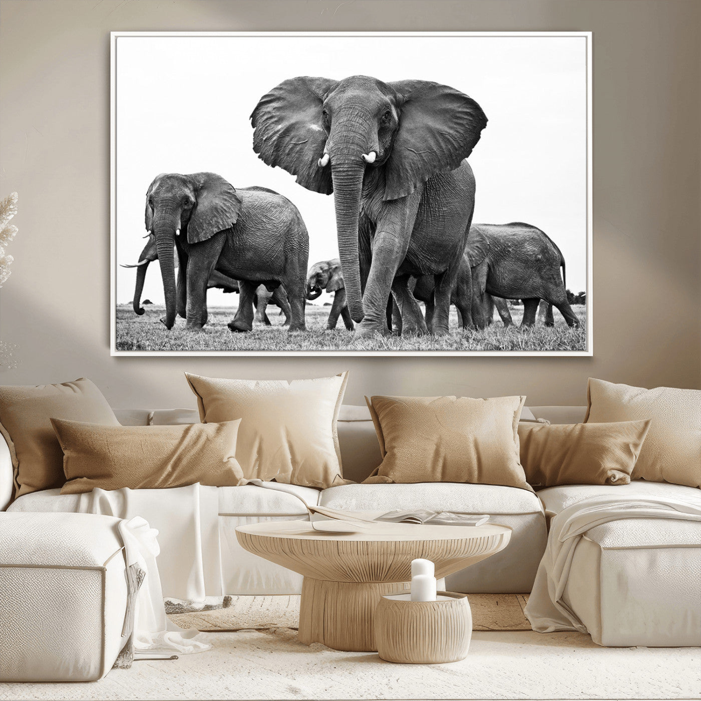 MGV-FC-36X24 - Black White Elephant Family Wall Art Canvas Print
