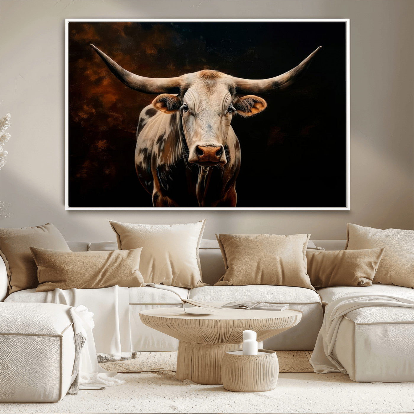 MGV-FC-36X24 - Texas Longhorn Wall Art | 3-Panel Large Texas Longhorn Canvas Print for Living Room, Office, or Farmhouse Decor | Framed Giclee Longhorn Wall Art