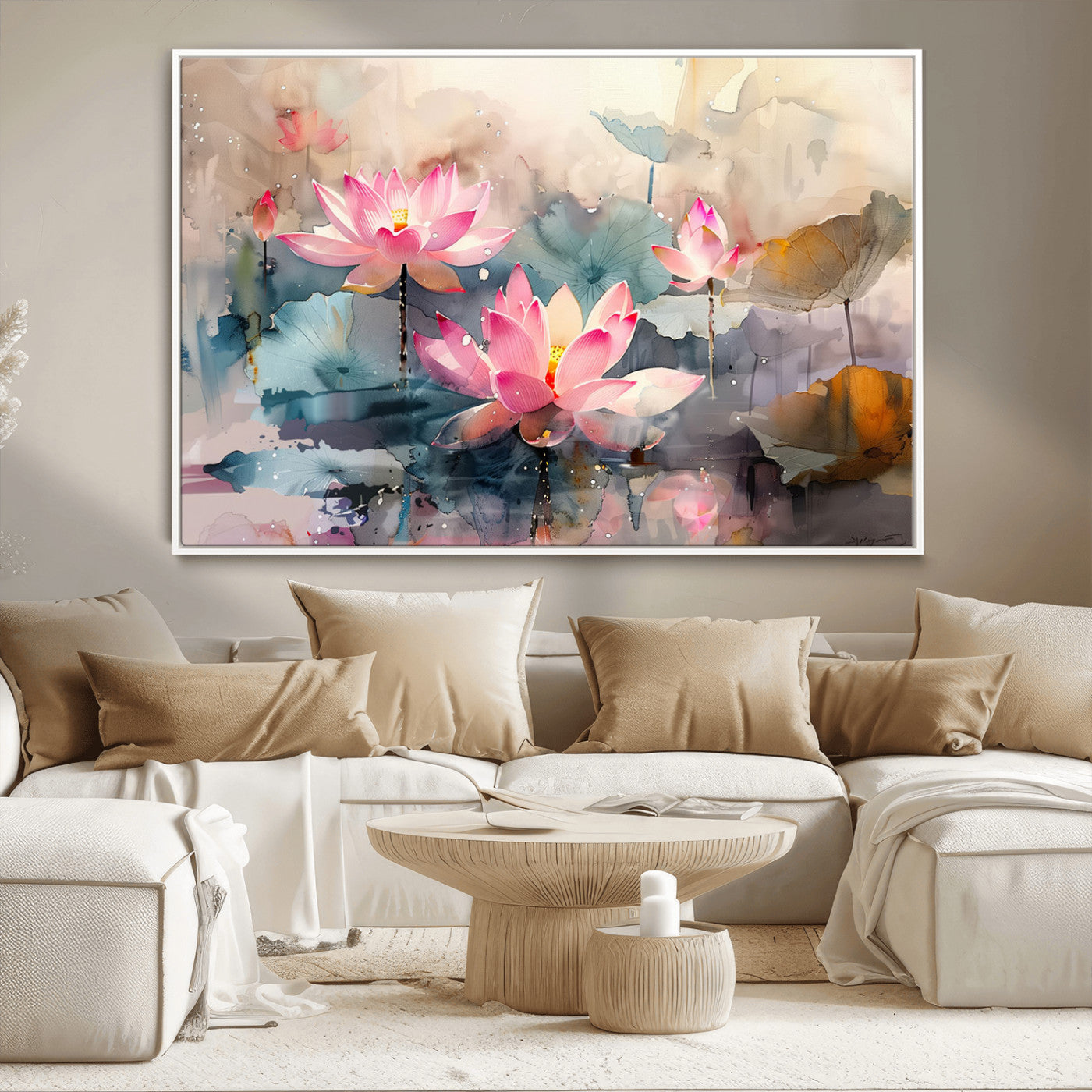 MGV-FC-36X24 - Lotus Flower Wall Art | 3-Panel Giclee Canvas Print of Pink Lotus Blossoms for Living Room, Bedroom, Office | Framed Lotus Floral Wall Art Decor Print