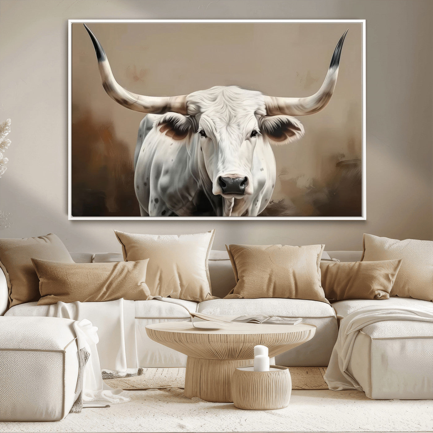 61423-MGV-FC-36X24_White-White Longhorn Bull Wall Art Canvas Print – Framed and Ready to Hang – Perfect for Farmhouse and