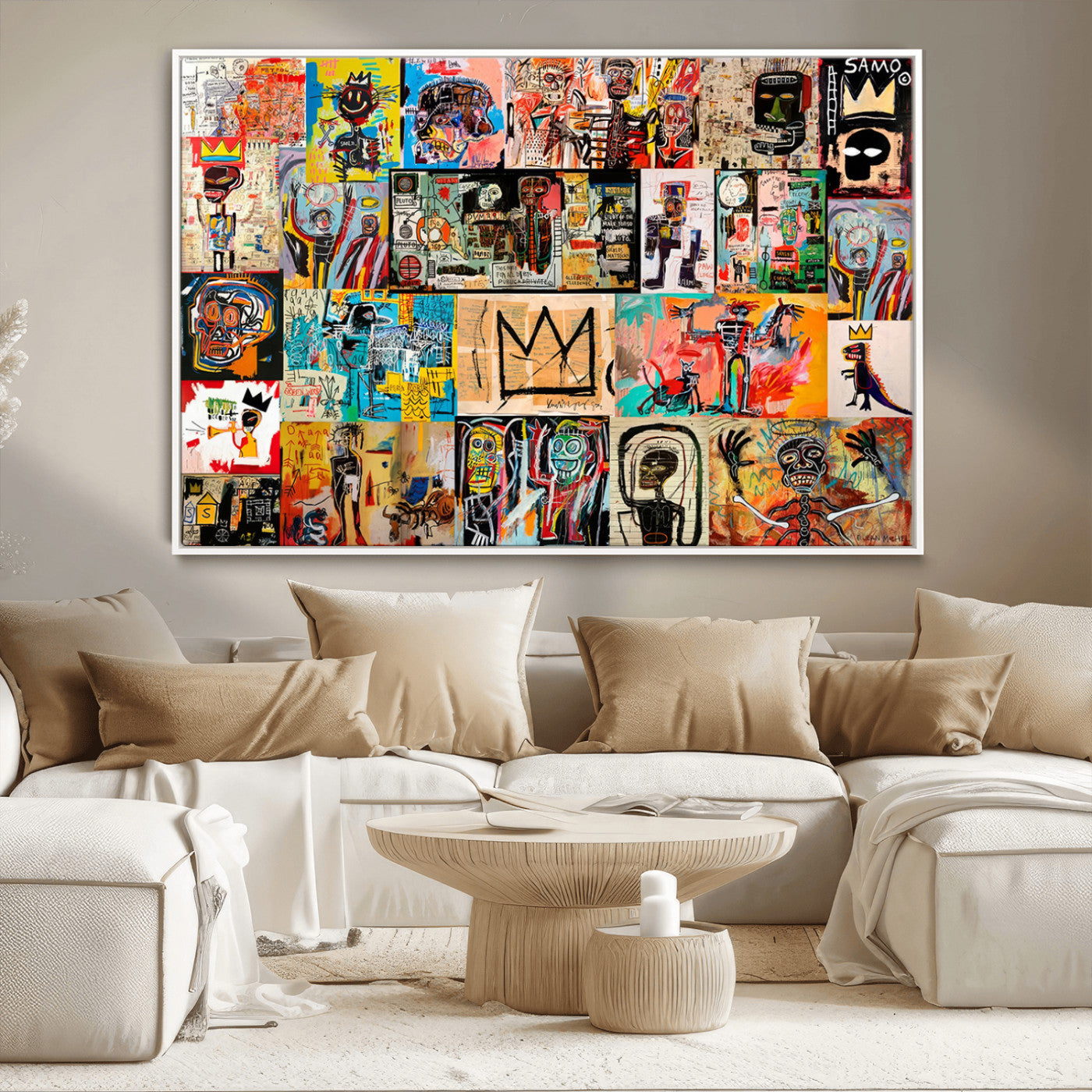 MGV-FC-36X24 - Basquiat Art Collage Wall Art Canvas Print – Framed, Ready to Hang, Urban Graffiti Style