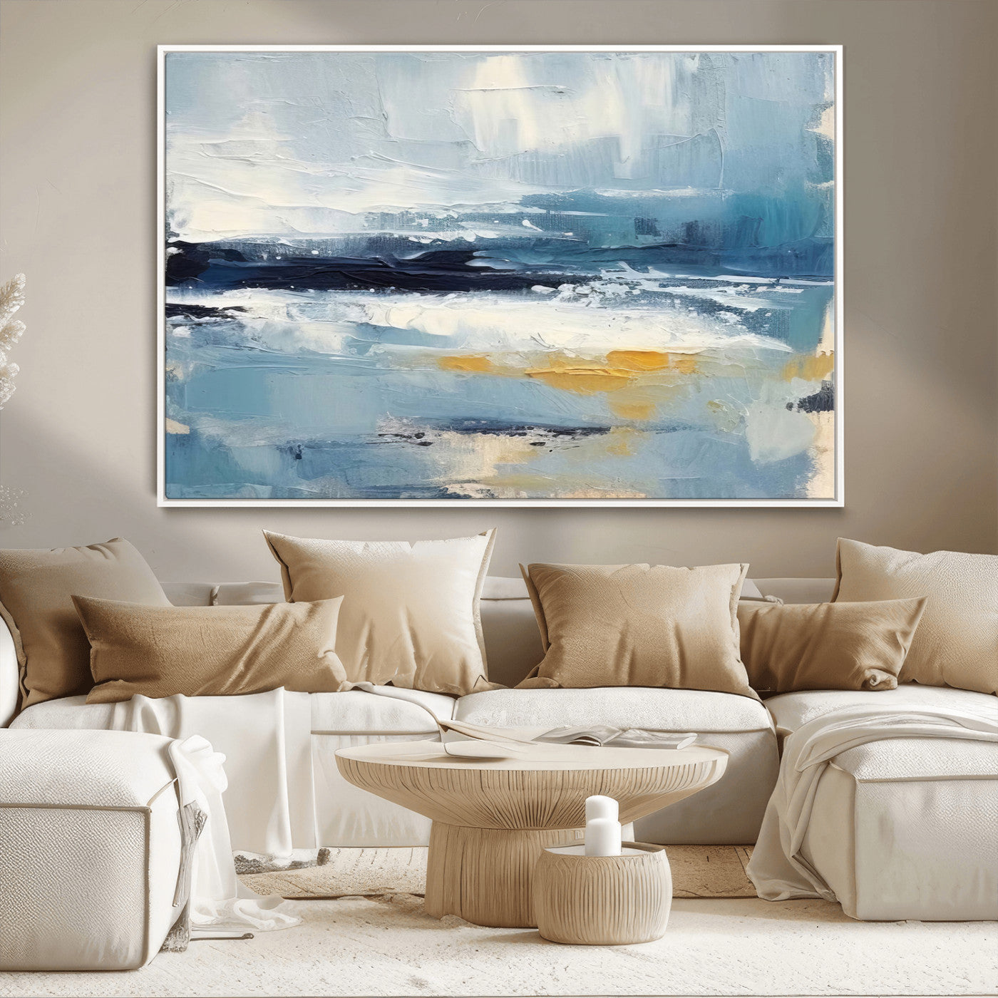MGV-FC-36X24 - Abstract Ocean Canvas Wall Art - Coastal Blue and Gold Textured Painting, Modern Seascape Decor for Living Room Decor