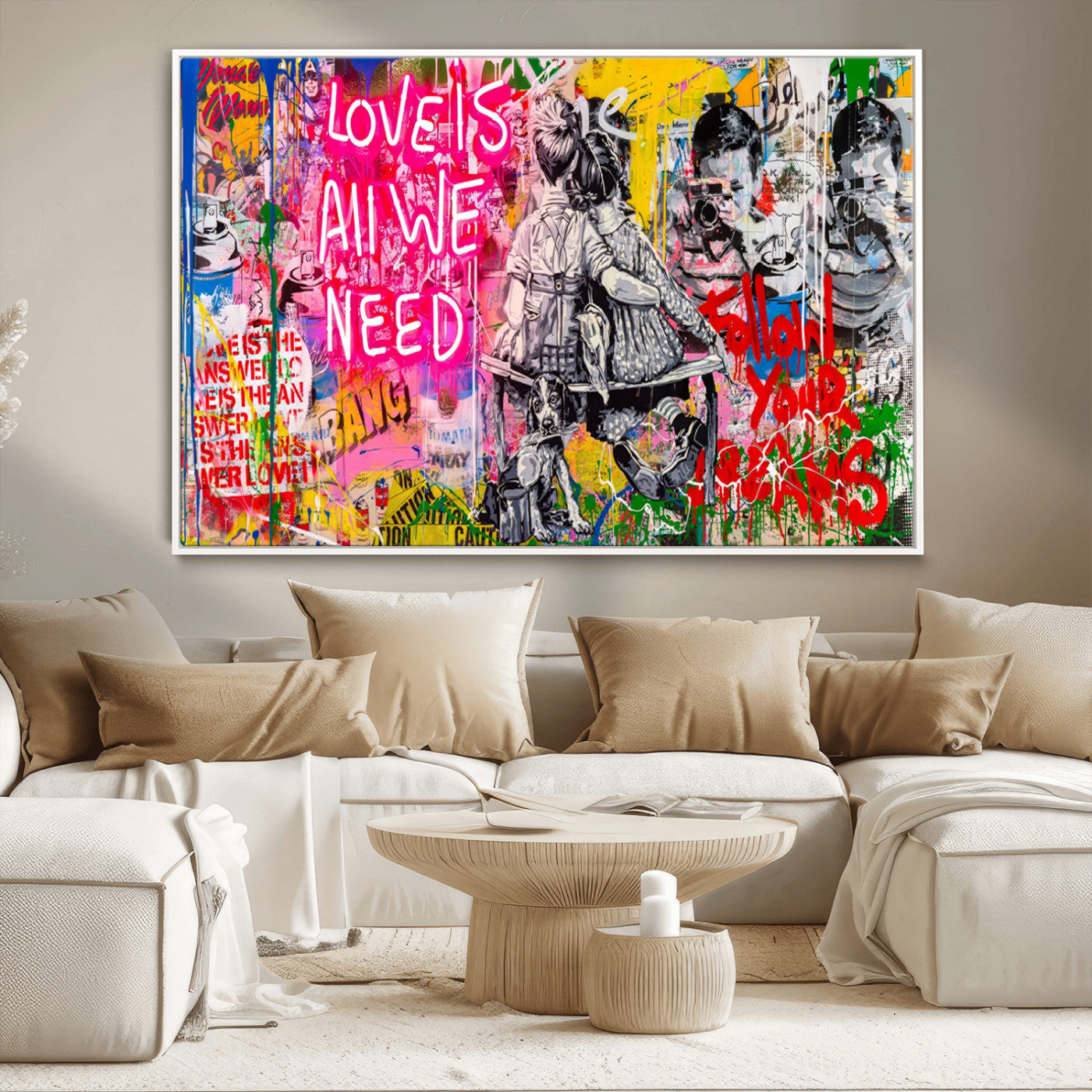 MGV-FC-36X24 - Follow Your Dreams & Love is All We Need Graffiti Street Art Triptych | 3-Panel Colorful Urban Wall Art for Living Room, Office, Loft Graffiti Wall Art Print