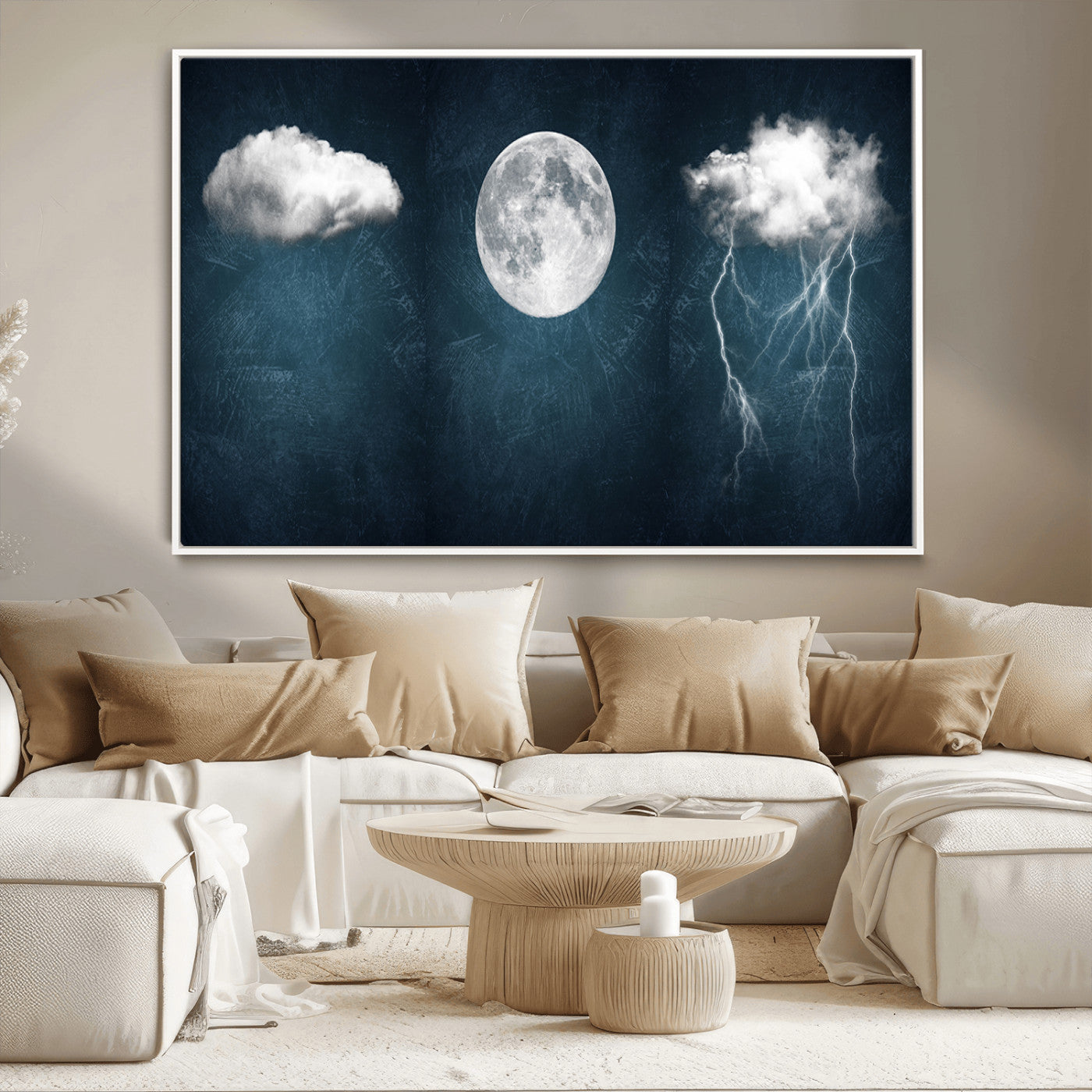 -3 Piece Indigo Cloud Wall Art, Thunderstorm Moon Cloud Artworks