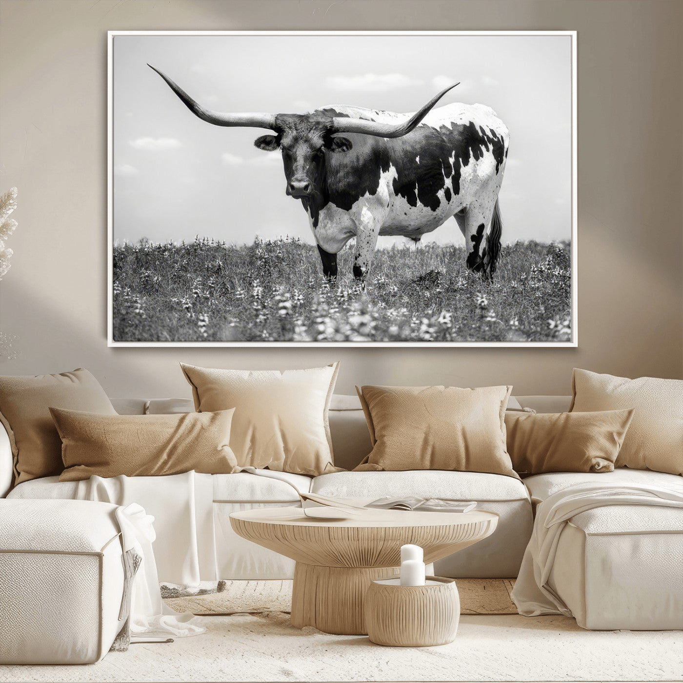 -Texas Black White Highland Longhorn Cow Wall Art Canvas Print