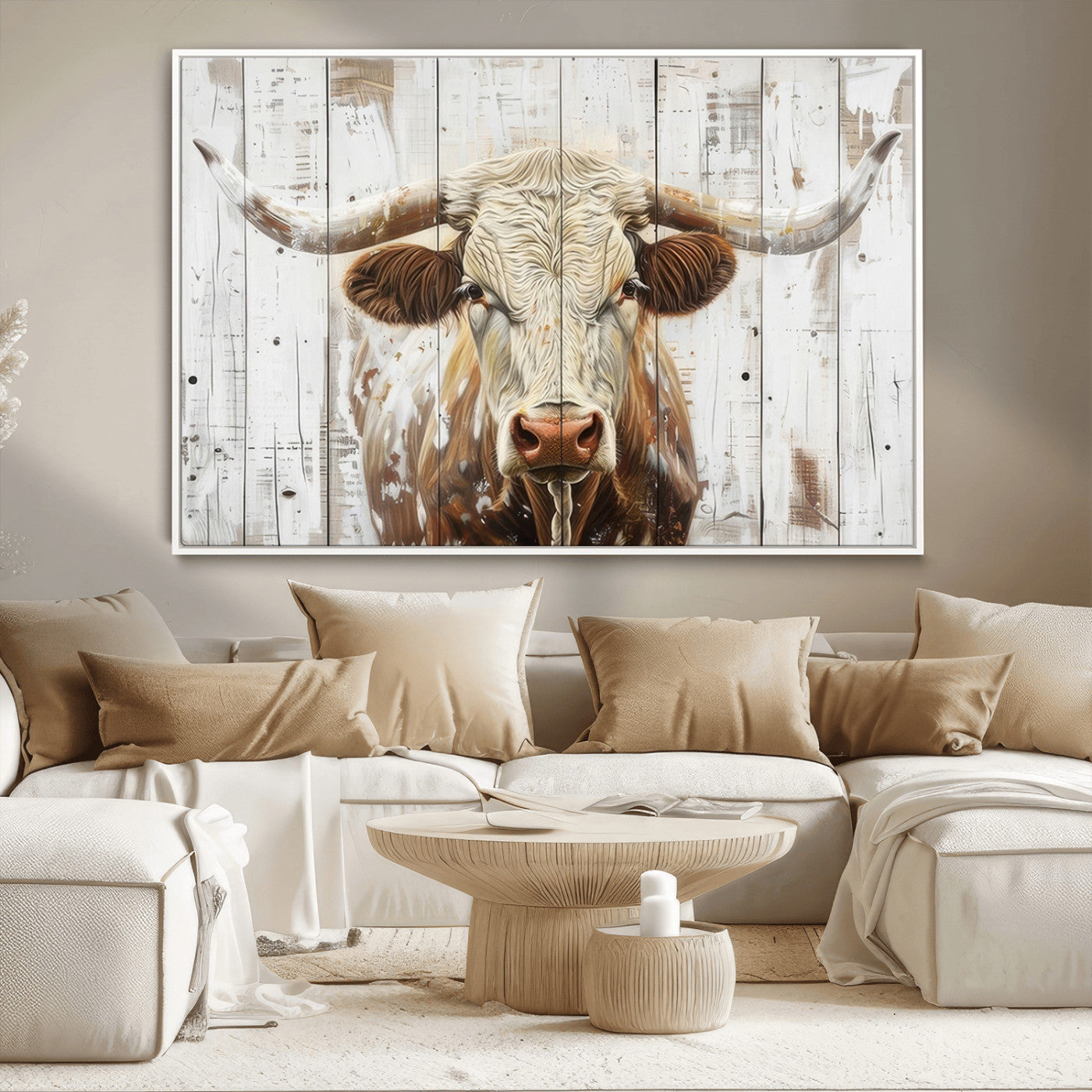 -Rustic Longhorn Bull Wall Art Canvas Set – Western-Inspired Farmhouse Décor - Ready to Hang