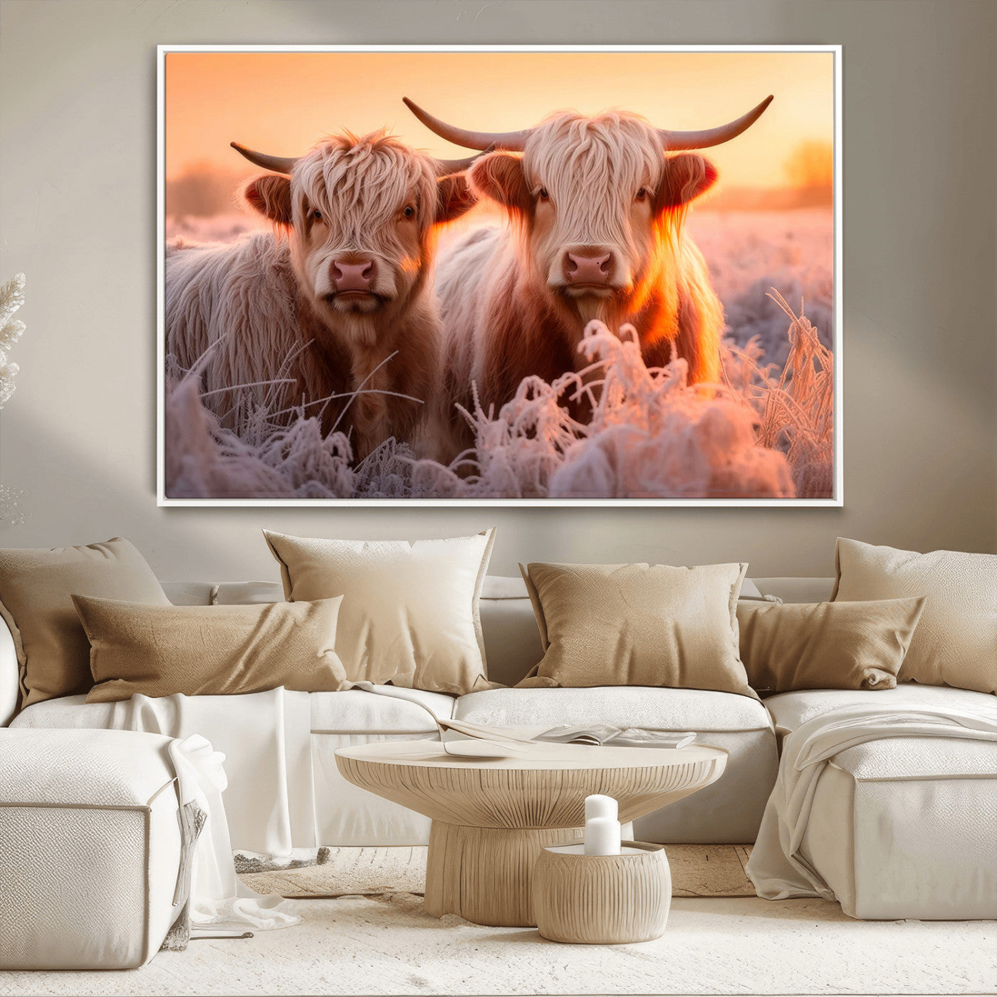 -Highland Cows at Sunrise Wall Art Canvas Set – Serene and Rustic Farmhouse Decor