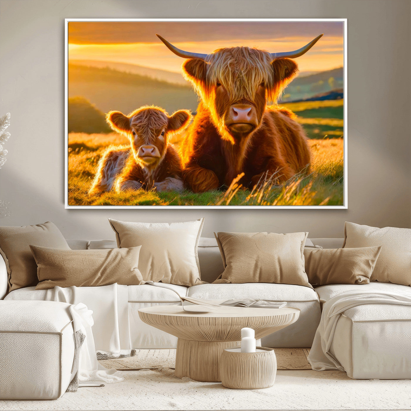 -Scottish Cow and Baby Cow Canvas Wall Art Animal Print Fluffy Cattle Framed Farmhouse Decor