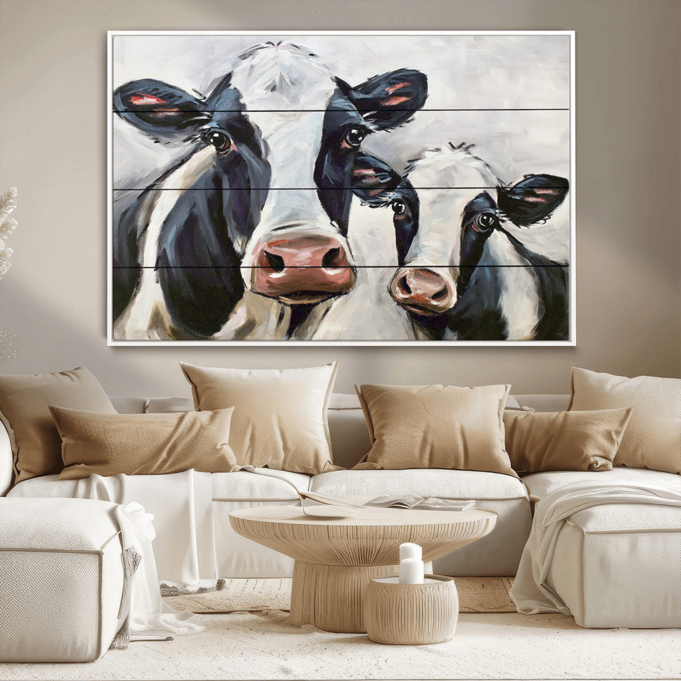-Vintage Baby and Mom Cattle Wall Art Canvas Print
