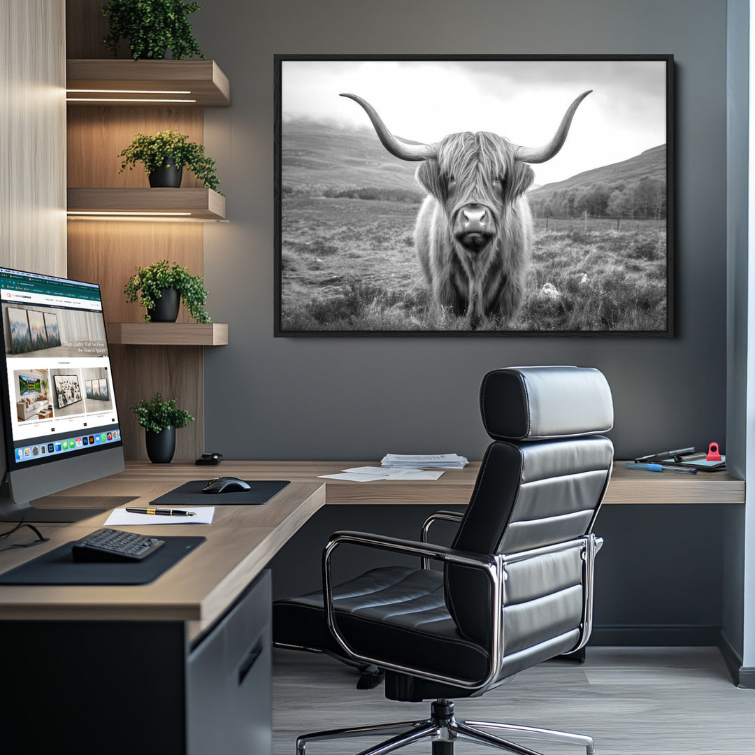 Black White Scottish Highland Cow Canvas Farm Wall Art Canvas Print