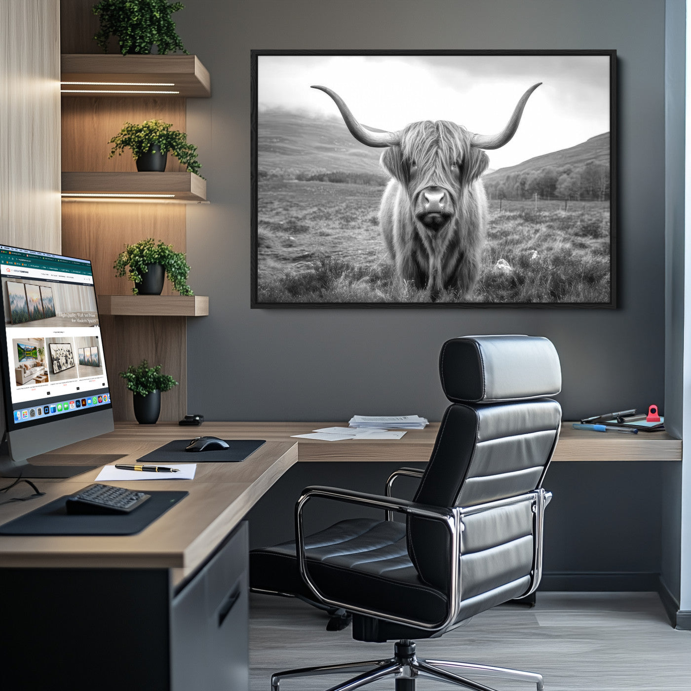 Black White Scottish Highland Cow Canvas Farm Wall Art Canvas Print