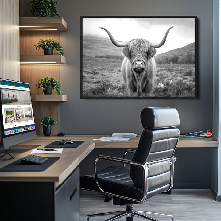 Black White Scottish Highland Cow Canvas Farm Wall Art Canvas Print