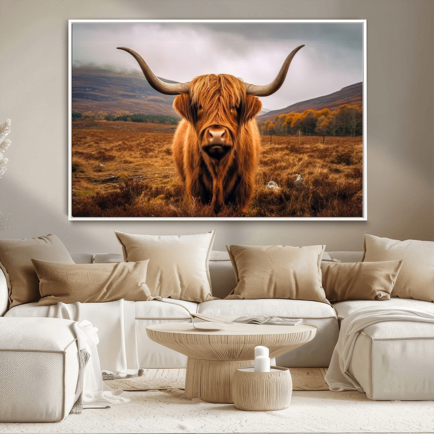 -Highland Cow Longhorn Wall Art – Rustic Canvas Print, Framed and Ready to Hang for Farmhouse Décor