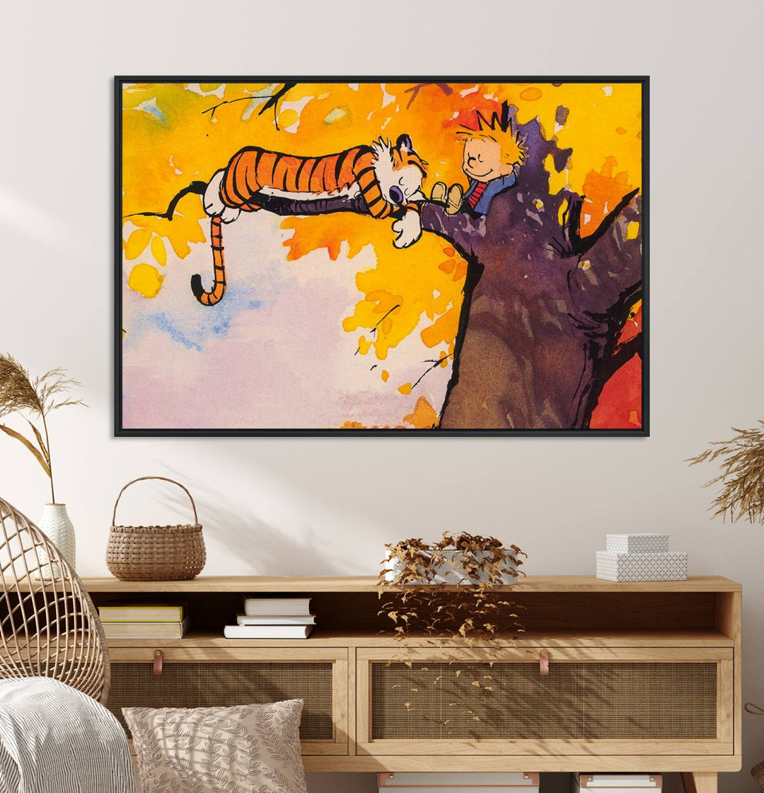 Premium canvas Calvin Wall Arts featuring a boy and tiger relaxing on a branch.