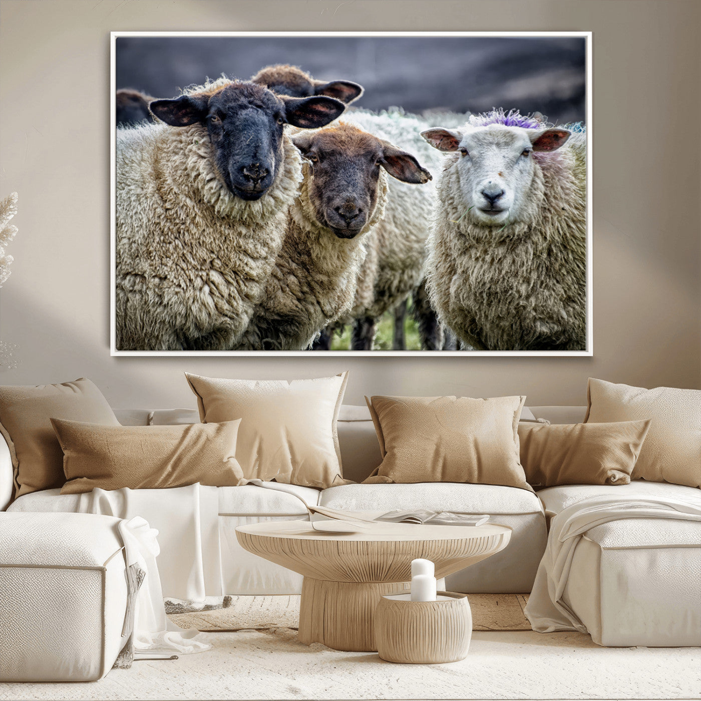 -Charming Sheep Portrait Wall Art – Trio of Woolly Companions Canvas Print, Framed, Ready to Hang