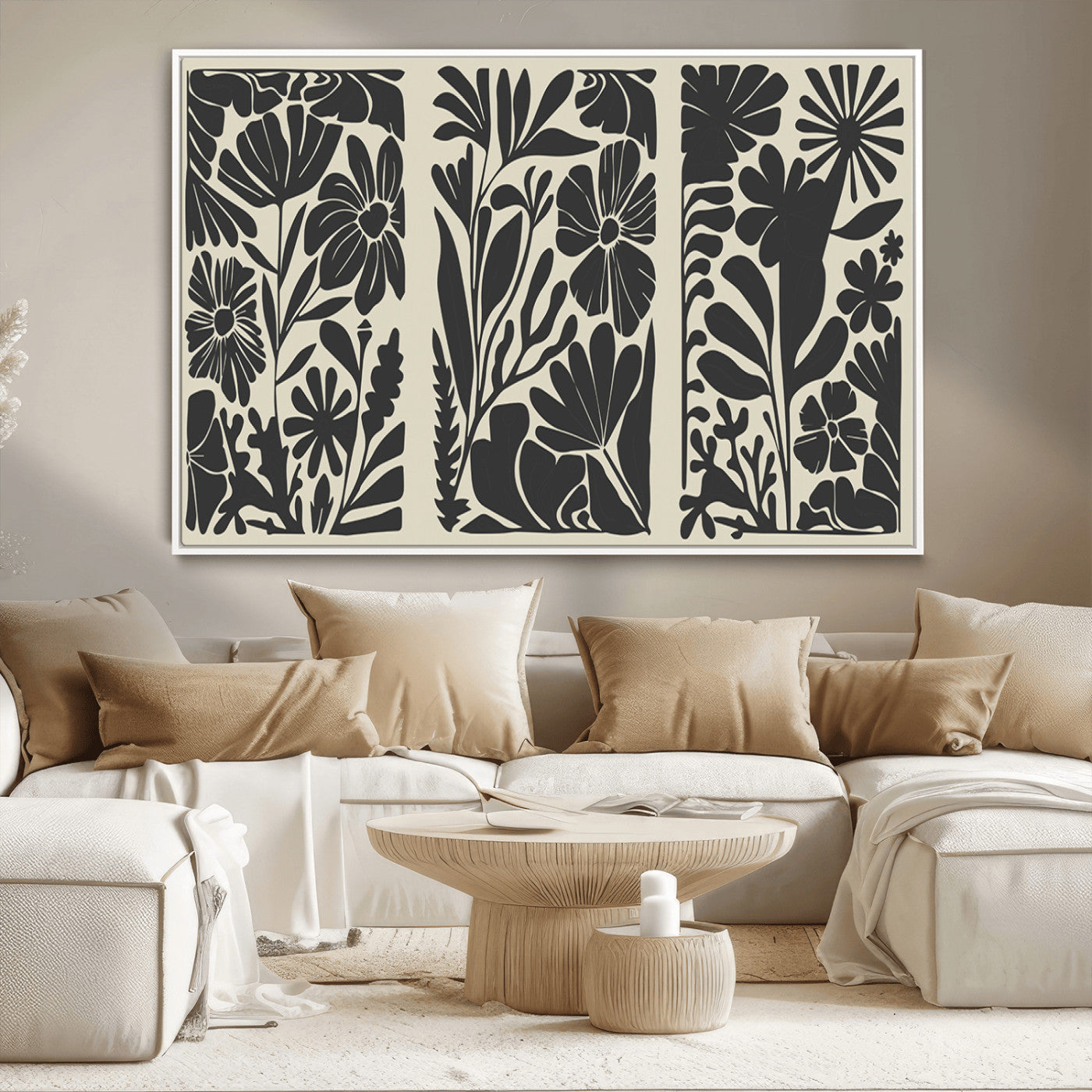 MGV-FC-36X24 - Modern Botanical Wall Art - Floral Black and White Canvas Print, Framed, Ready to Hang
