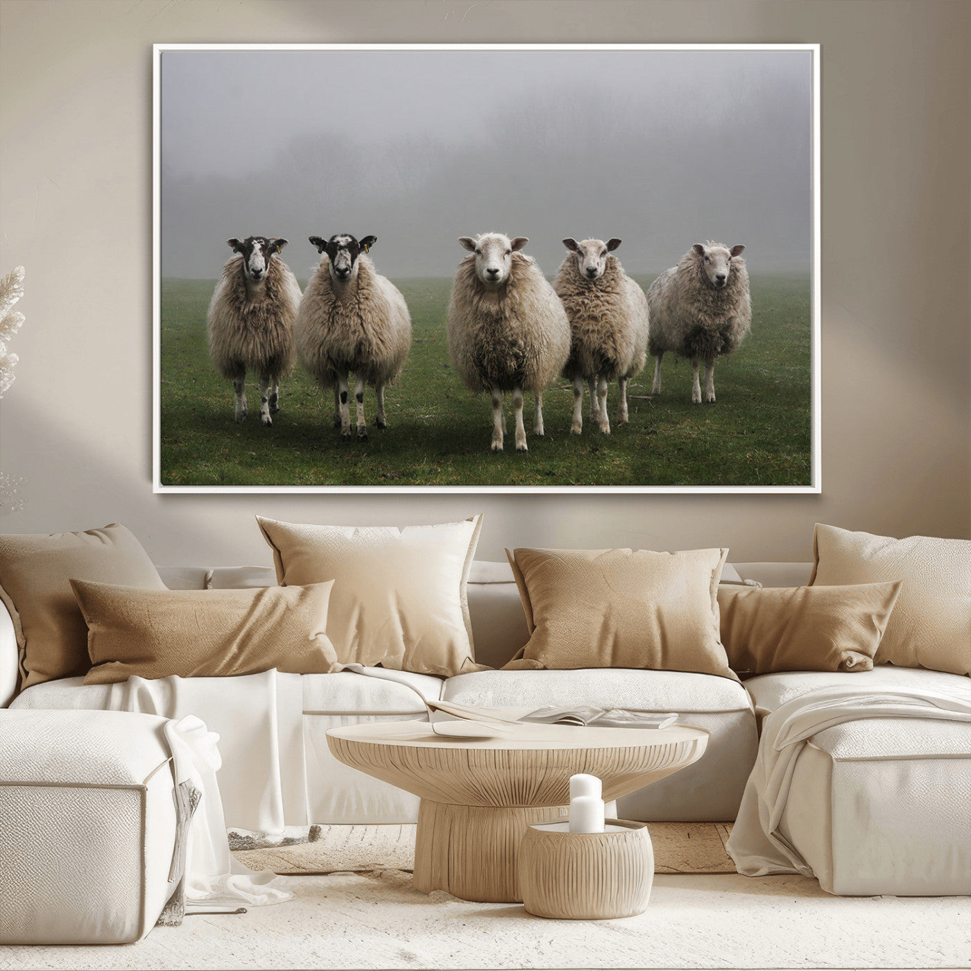 -Flock of Sheep in a Mystical Fog – Pastoral Wall Art Canvas Print, Framed, Ready to Hang