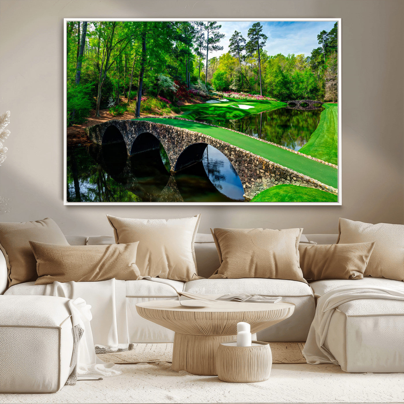 MGV-FC-36X24 - Augusta National Golf Club Wall Art - Panoramic Bridge & Lush Greenery – Premium Framed, Ready-to-Hang Triptych Canvas