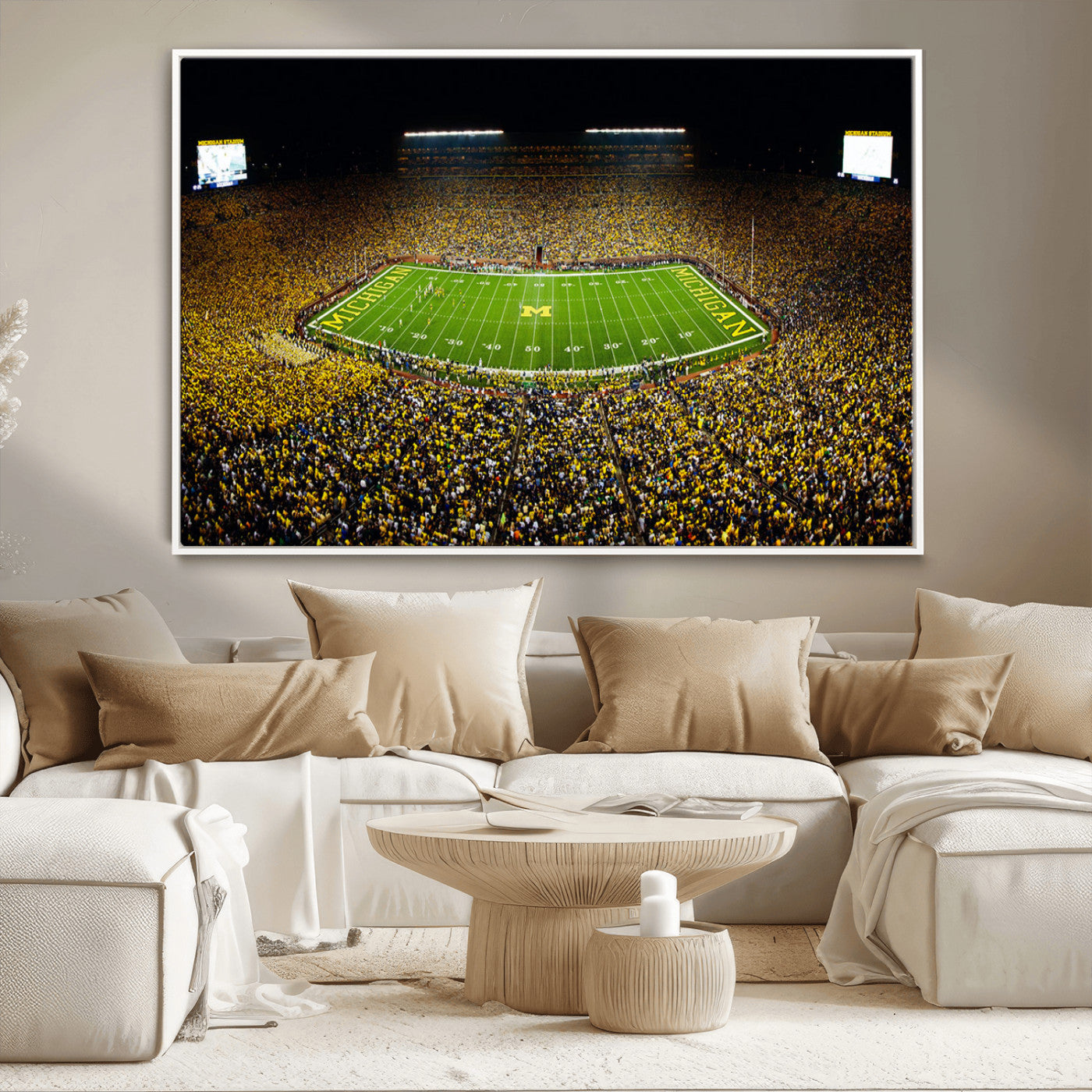 26166-MGV-CV-36X24-Stadium in Michigan Wall Art Canvas Print, Framed American Football Stadium Art Picture Print, Football Stadium Field Perfect Sports Room Decor Artwork