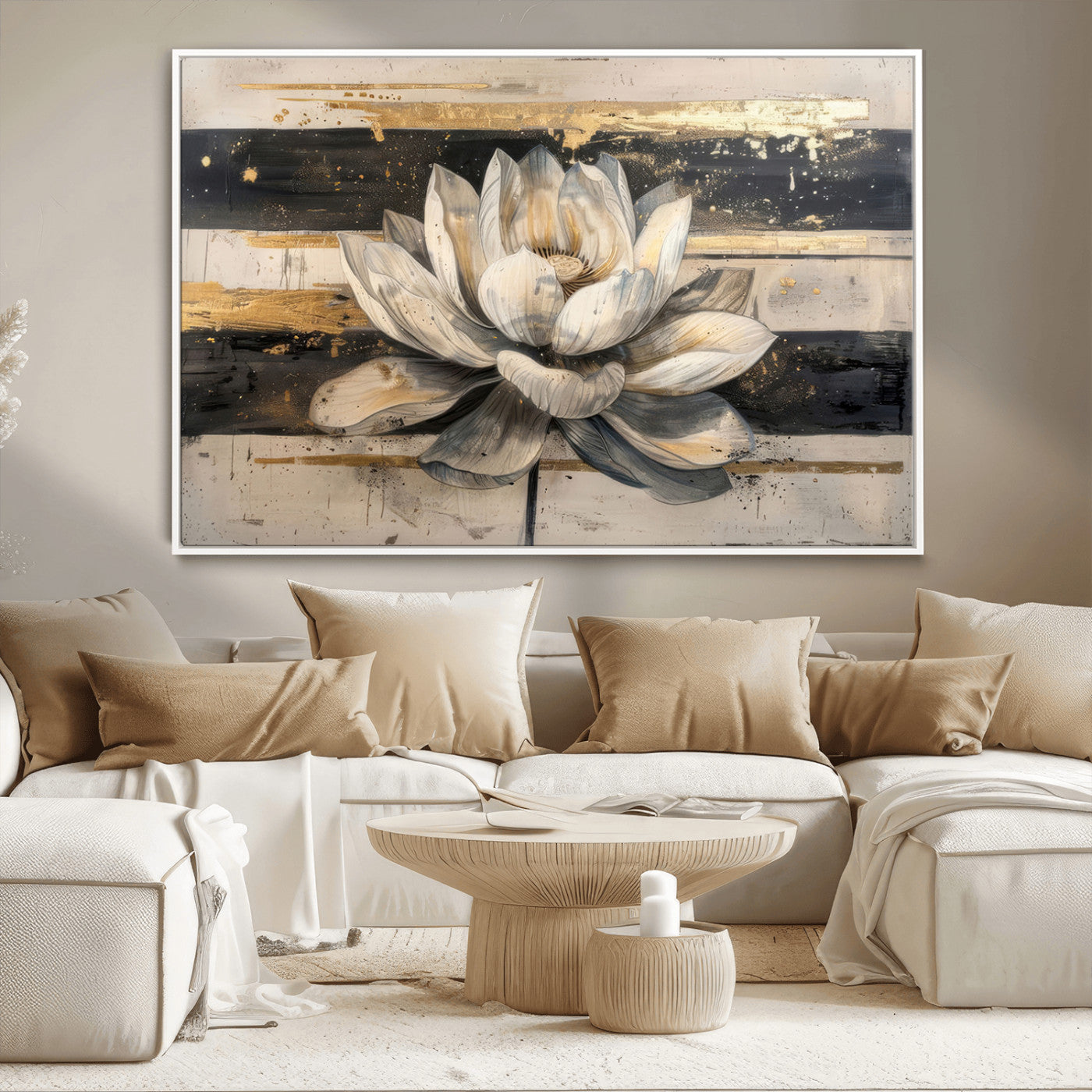 MGV-FC-36X24 - Lotus Flower Wall Art Canvas Print, Framed Abstract Lotus Art Picture Print, White Lotus Flower Perfect Abstract Floral Decor Artwork