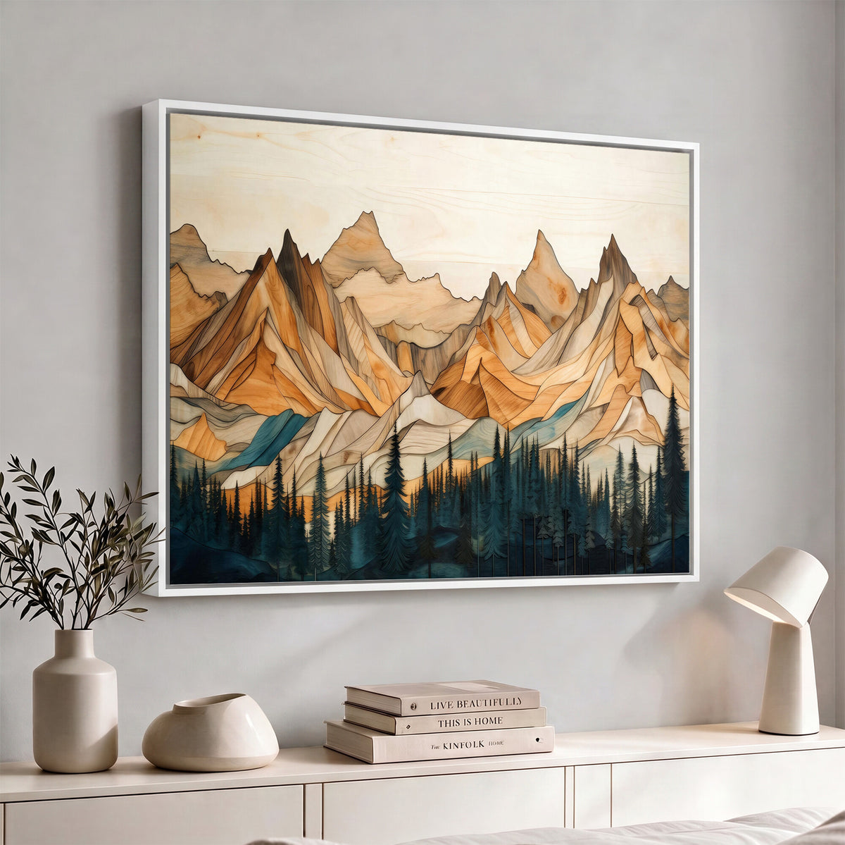 31576-MGV-CV-36X24 - Geometric Wood Mountain Landscape Wall Art Canvas Print, Rustic Forest Painting Print