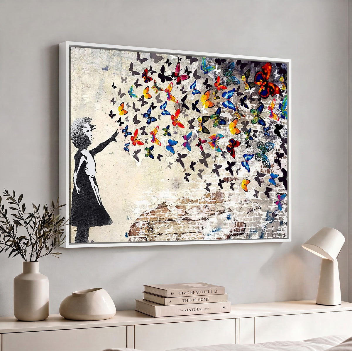 97895-MGV-CV-24X16 - Banksy Graffiti Wall Art Canvas Print, Girl Releasing Vibrant Butterflies