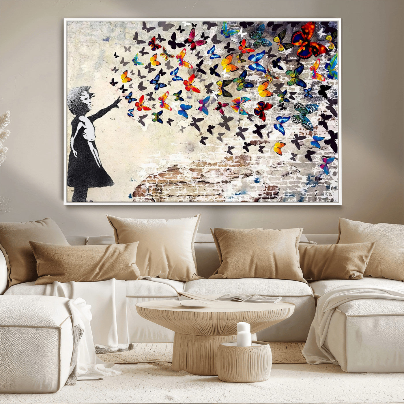 MGV-FC-36X24 - Banksy Graffiti Wall Art Canvas Print: Girl Releasing Vibrant Butterflies – Ready to Hang