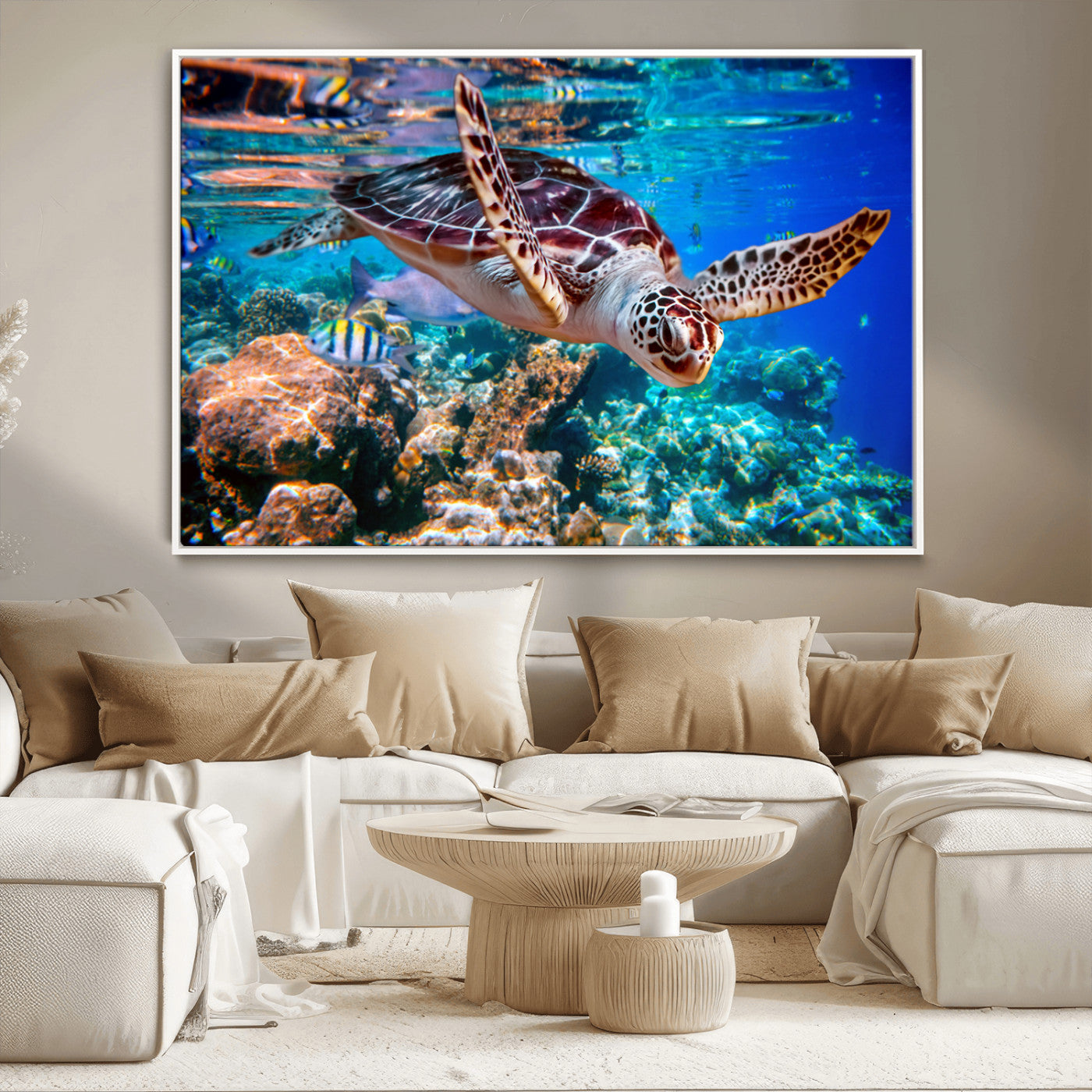 MGV-FC-36X24 - Underwater Coral Reef Sea Turtle Wall Art Canvas Print, Vibrant Marine Life | Colorful Ocean Scene