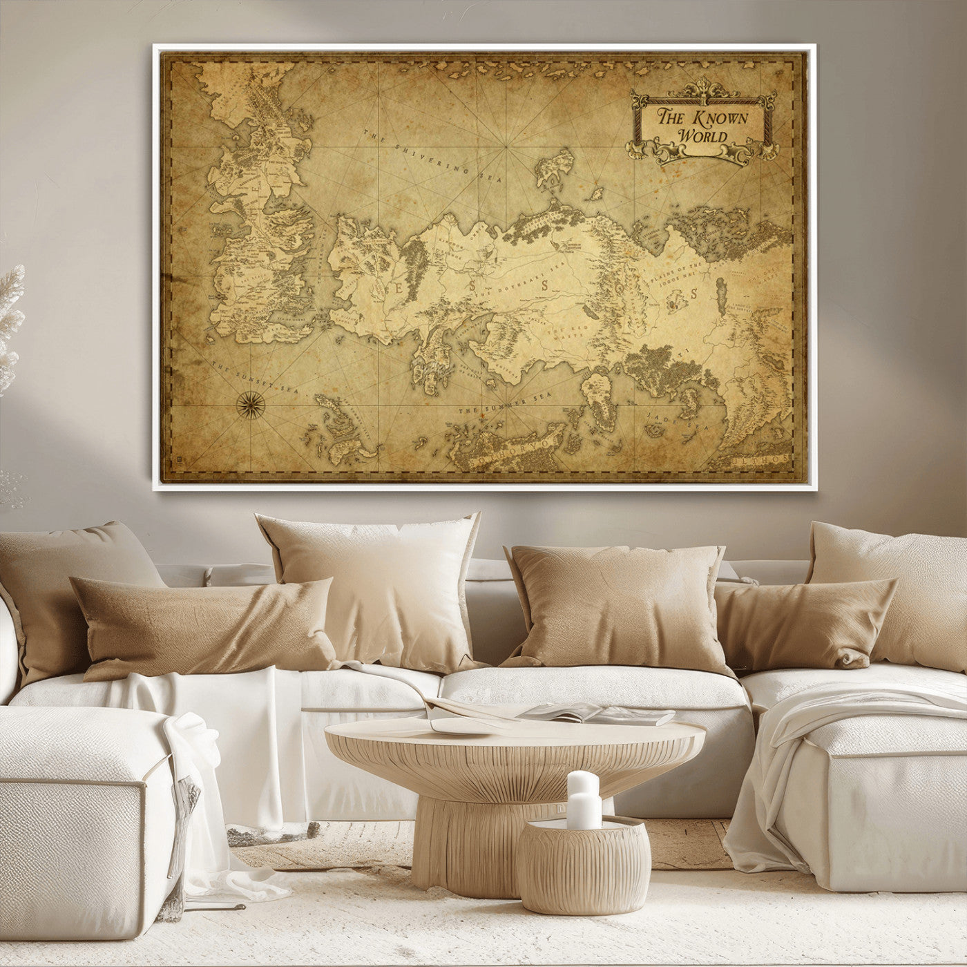 MGV-FC-36X24 - Vintage Game of Thrones Map Wall Art | Westeros and Essos Antique Style Print | The Known World in Triptych Canvas | Giclee Canvas for Fantasy Lovers