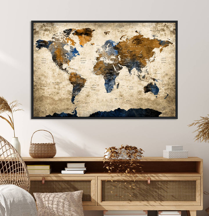 Vintage World Map Canvas Wall Art – Textured Triptych Map Print – Global Decor for Living Room or Office – Ready to Hang