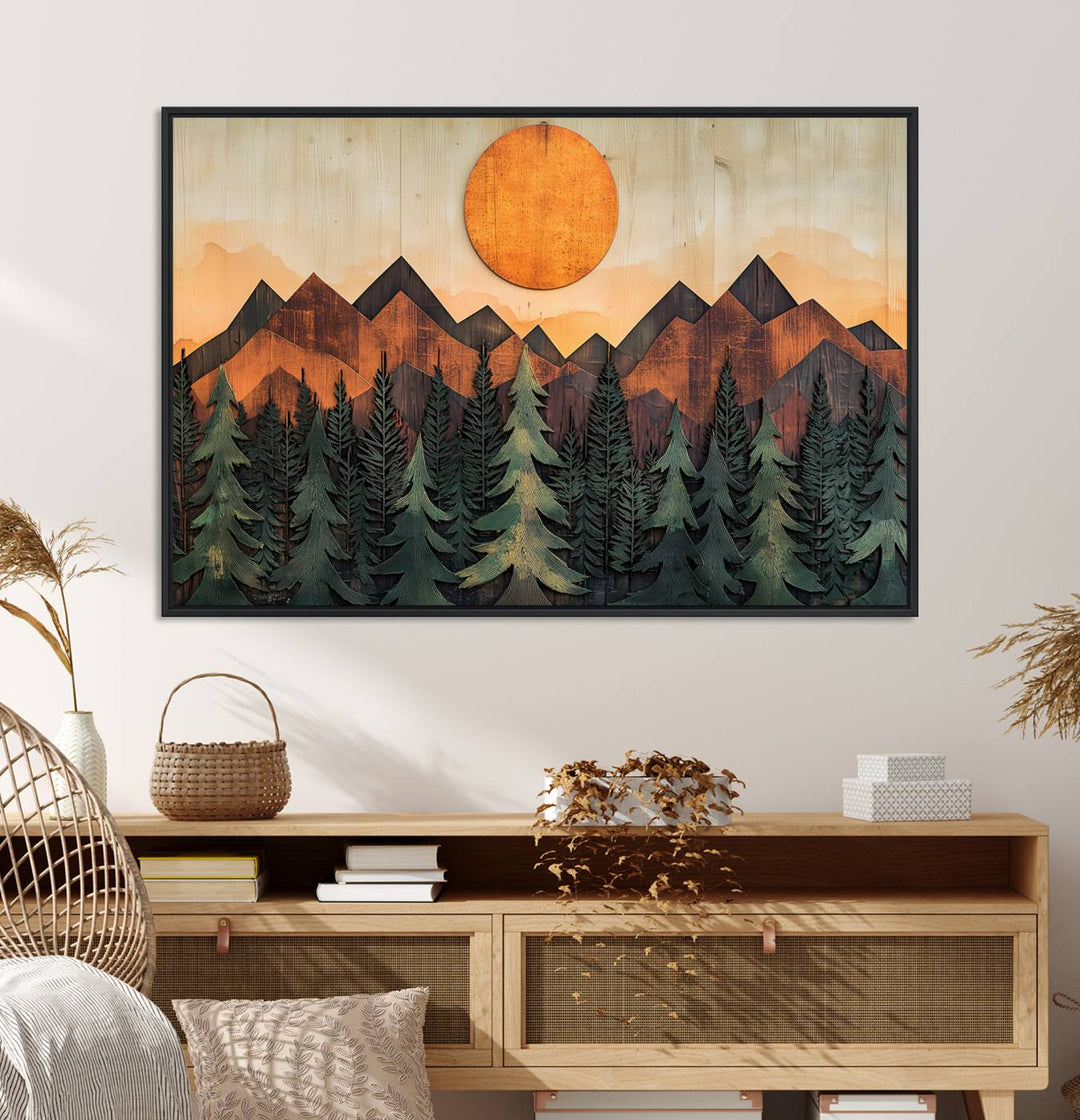 Sunset Mountain Landscape canvas wall art print featuring forest and wooden textures in green, brown, and orange.