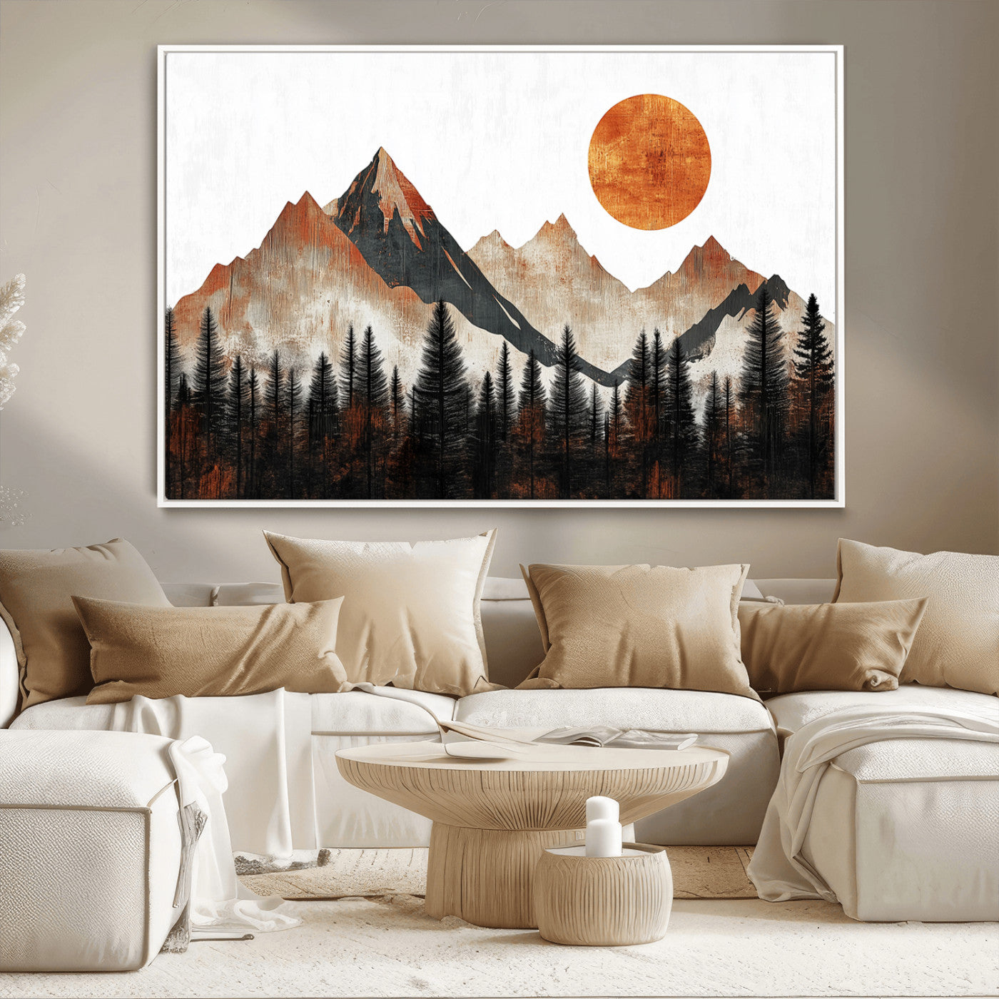 MGV-FC-36X24 - Modern Abstract Mountain Canvas Wall Art Print, Abstract Landscape Print, Rustic Sun and Mountains