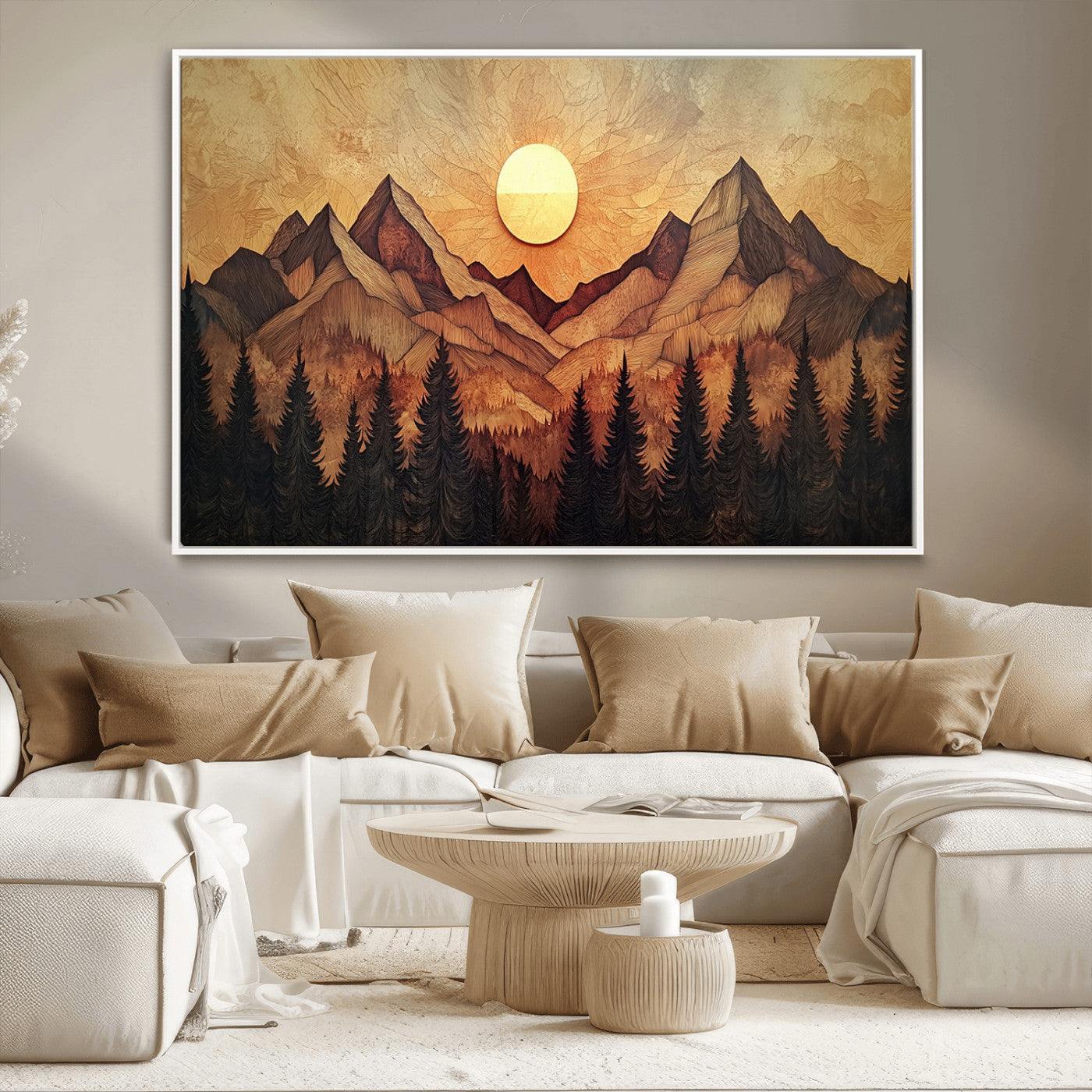 MGV-FC-36X24 - Wood Style Abstract Mountain Sunset Canvas Wall Art Print - Warm Earth Nature-Inspired Decor for