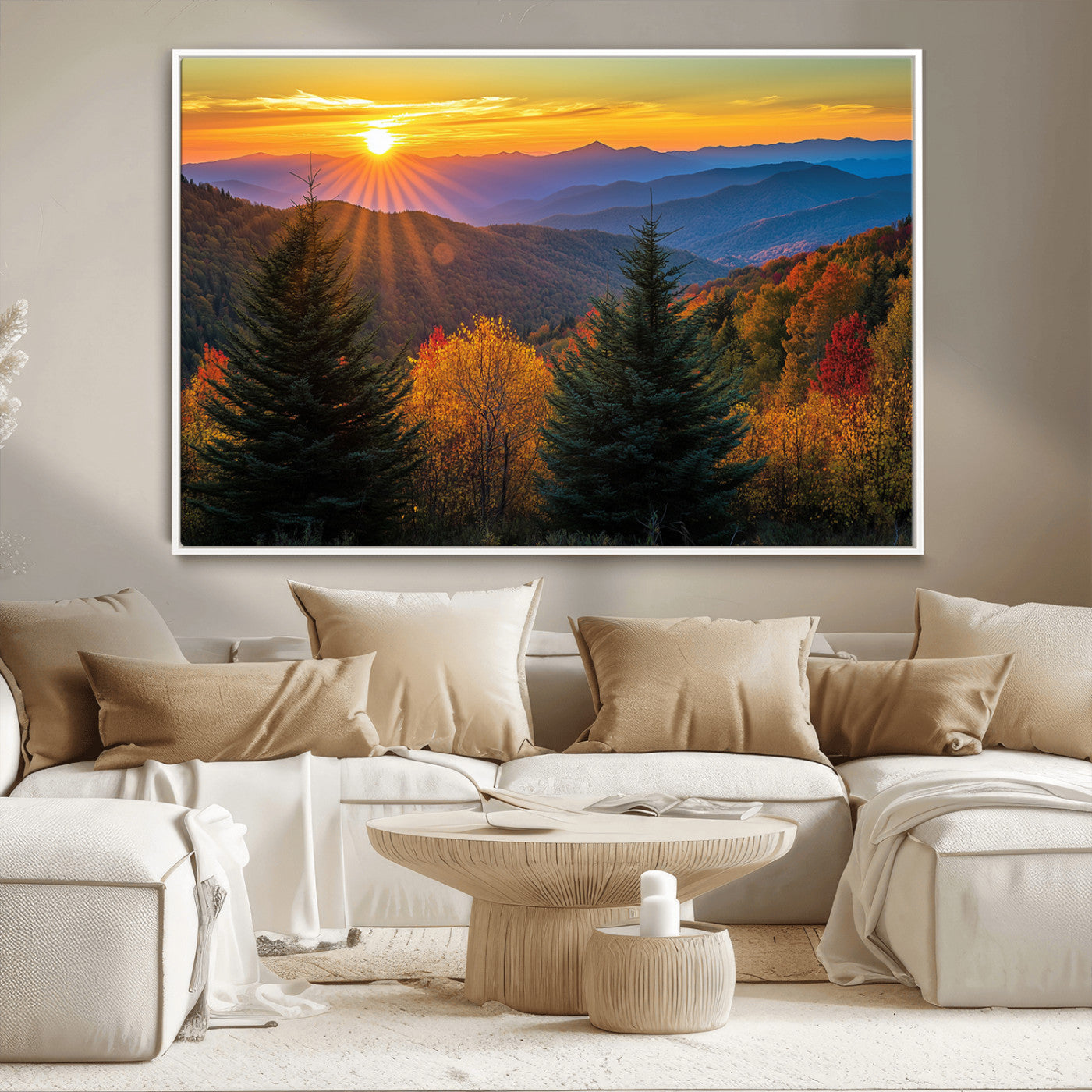 MGV-FC-36X24 - Golden Sunset Over Mountain Forest Canvas Wall Art Print - Warm Nature-Inspired Landscape for Living