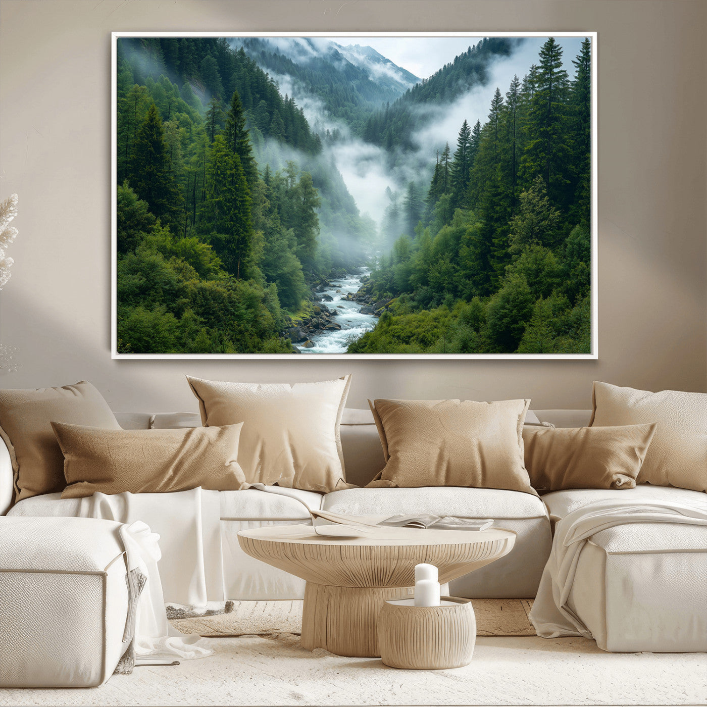 MGV-FC-36X24 - Mountain Forest River Canvas Wall Art Print - Serene Nature Landscape for Living Room, Office, or