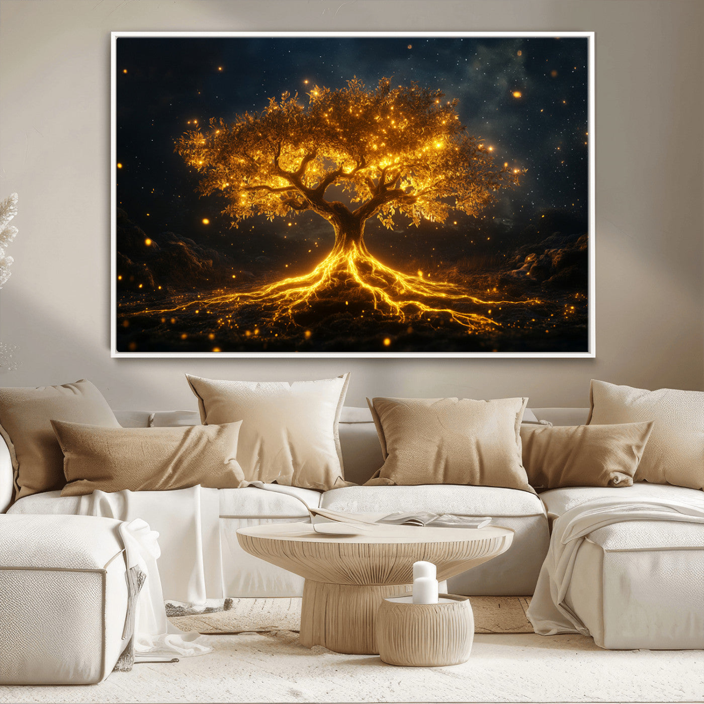 MGV-FC-36X24 - Golden Tree of Life Canvas Wall Art Print - Majestic Glowing Tree Design for Living Room, Office, or
