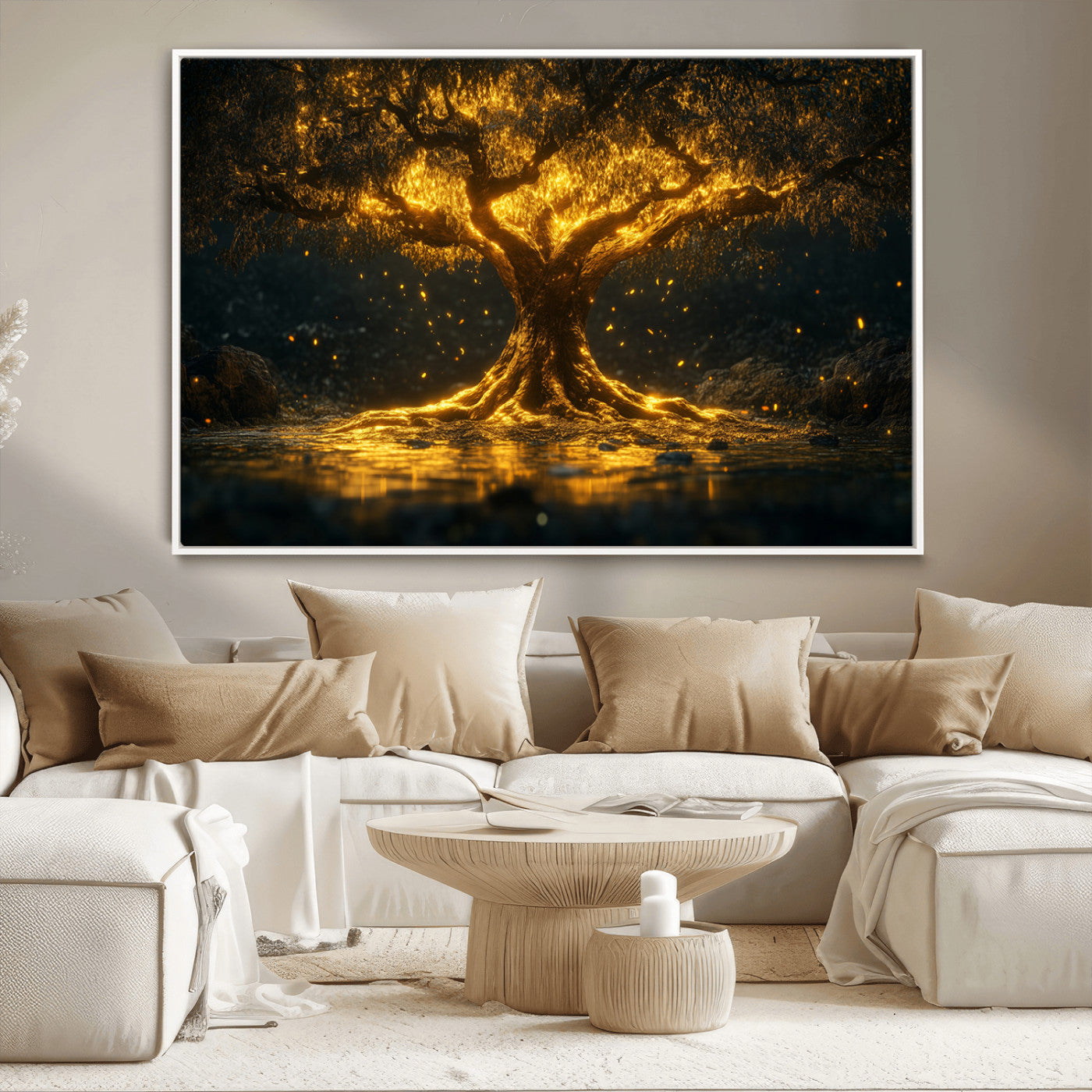 MGV-FC-36X24 - Golden Tree of Life Canvas Wall Art Print - Majestic Glowing Tree Wall Art Print