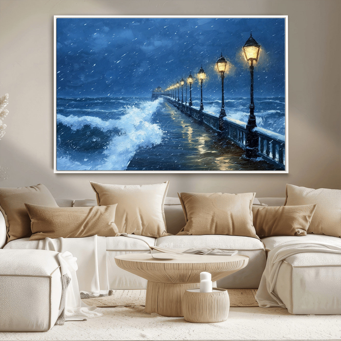 MGV-FC-36X24 - Stormy Ocean Pier Lights Canvas Wall Art Print - Large Moody Night Scene for Living Room, or Office,