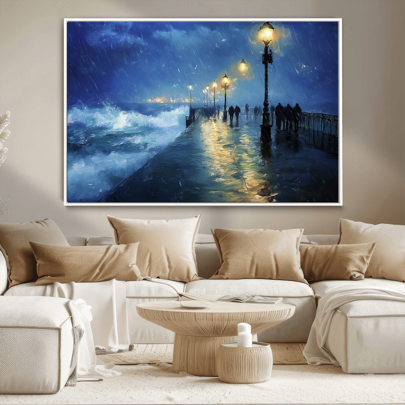 MGV-FC-36X24 - Abstract Stormy Ocean Pier Canvas Wall Art Print | Stormy Ocean Art | Large Moody Night Scene Print,