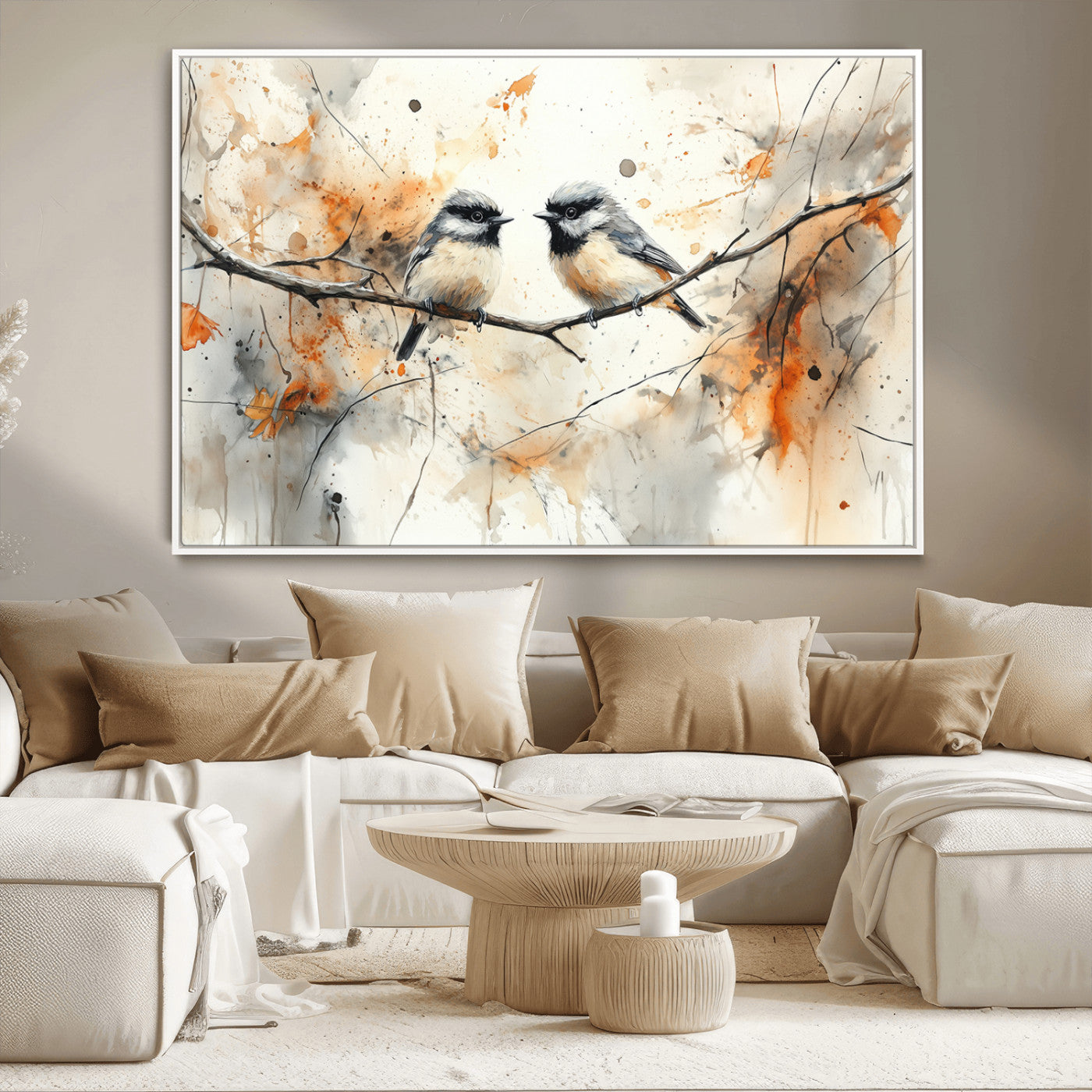 MGV-FC-36X24 - Abstract Watercolor Chickadee Bird Canvas Wall Art Print - Large Bird and Branch Wall Art, Modern