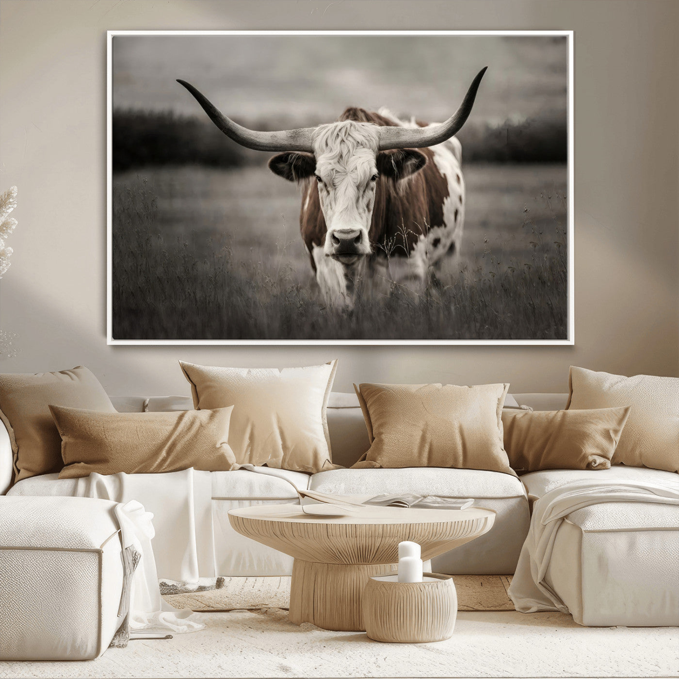 MGV-FC-36X24 - Texas Longhorn Cow Canvas Wall Art Print - Large Rustic Longhorn Art for Living Room, Western Wall