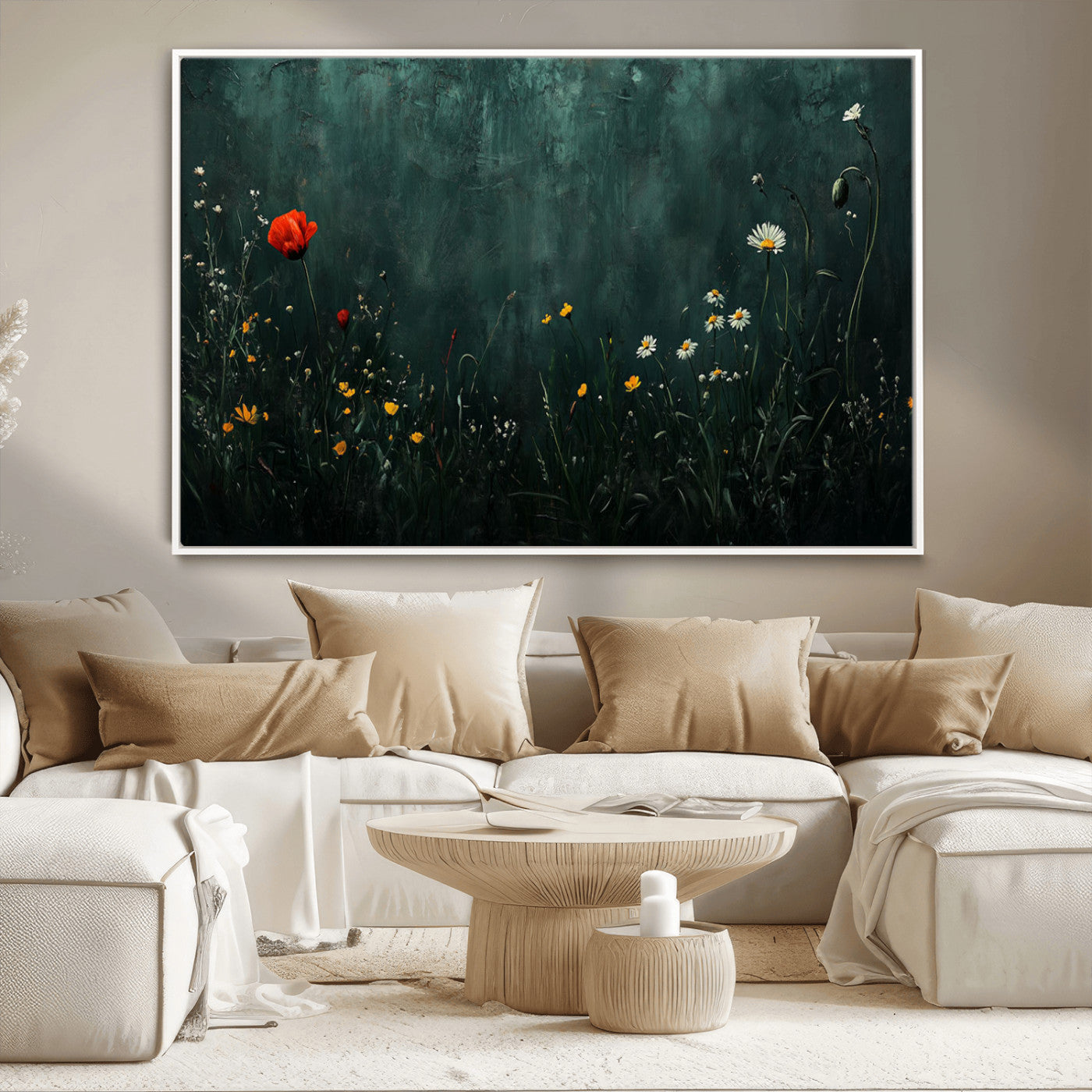MGV-FC-36X24 - Wildflower Field Framed Wall Art, Vintage Botanical Landscape Sign, Botanical Wall Art, Modern