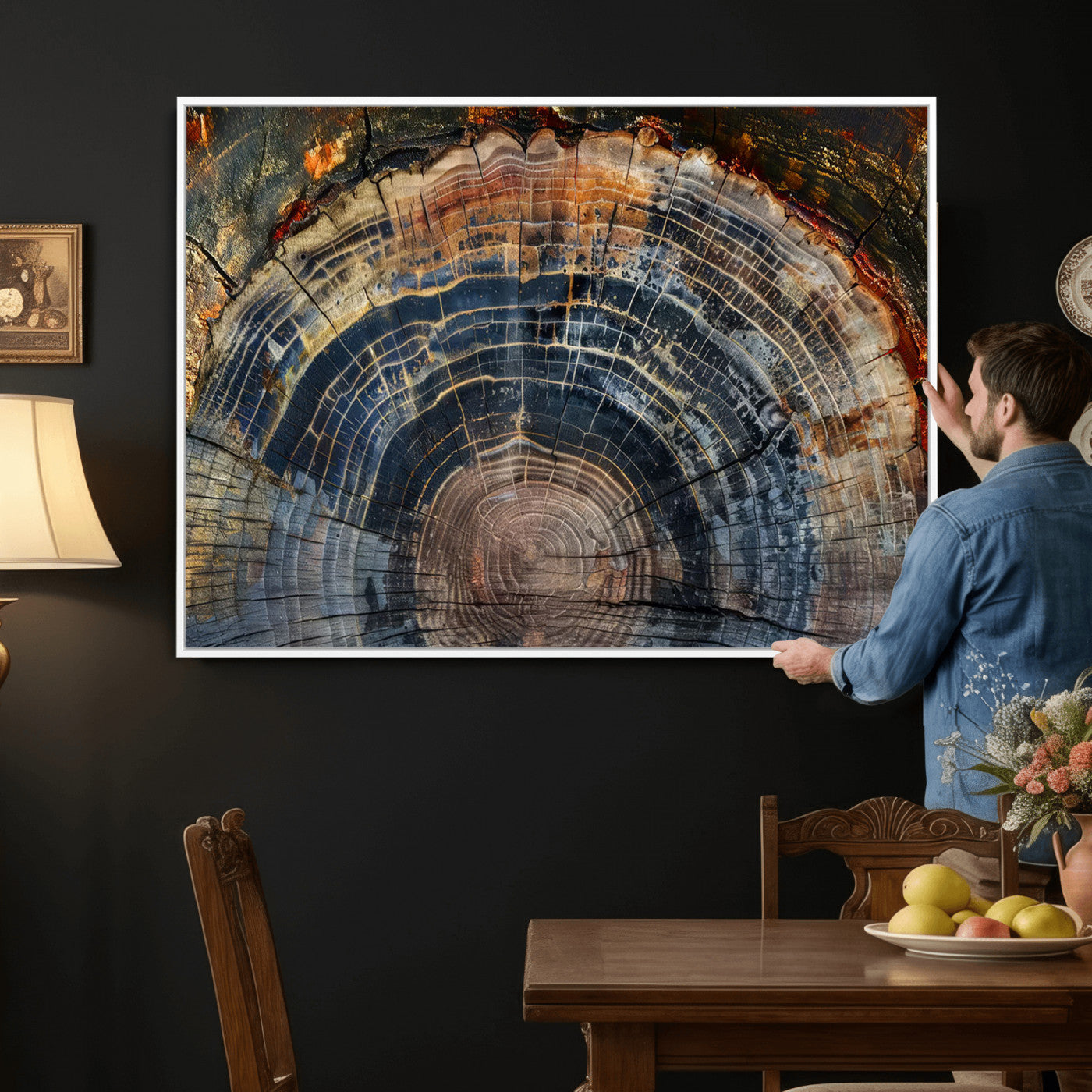 16193-MGV-CV-36X24 - Framed Wood Tree Ring Wall Art - Abstract Colorful Wood Ring Wall Decor for Minimalist Home Decor