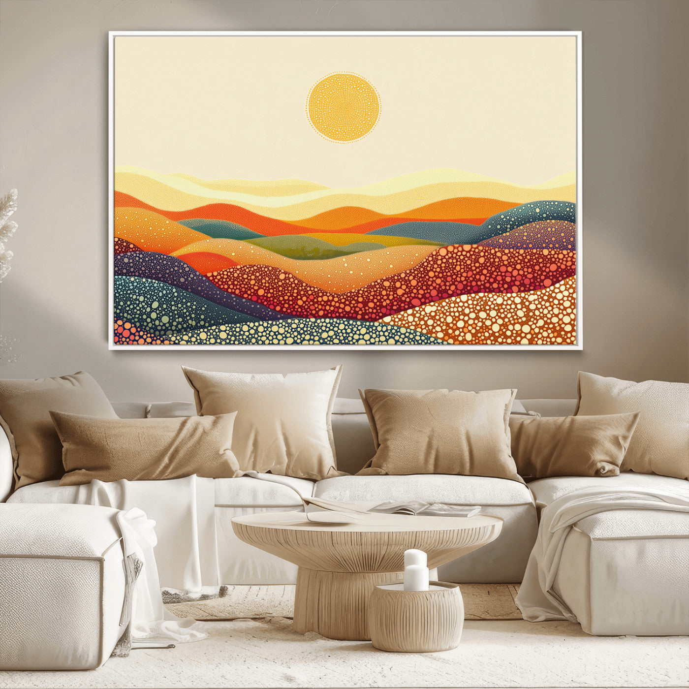MGV-FC-36X24 - YAYOI KUSAMA Colorful Dot Art Landscape Canvas - Framed Abstract Pointillism Inspired by Nature with