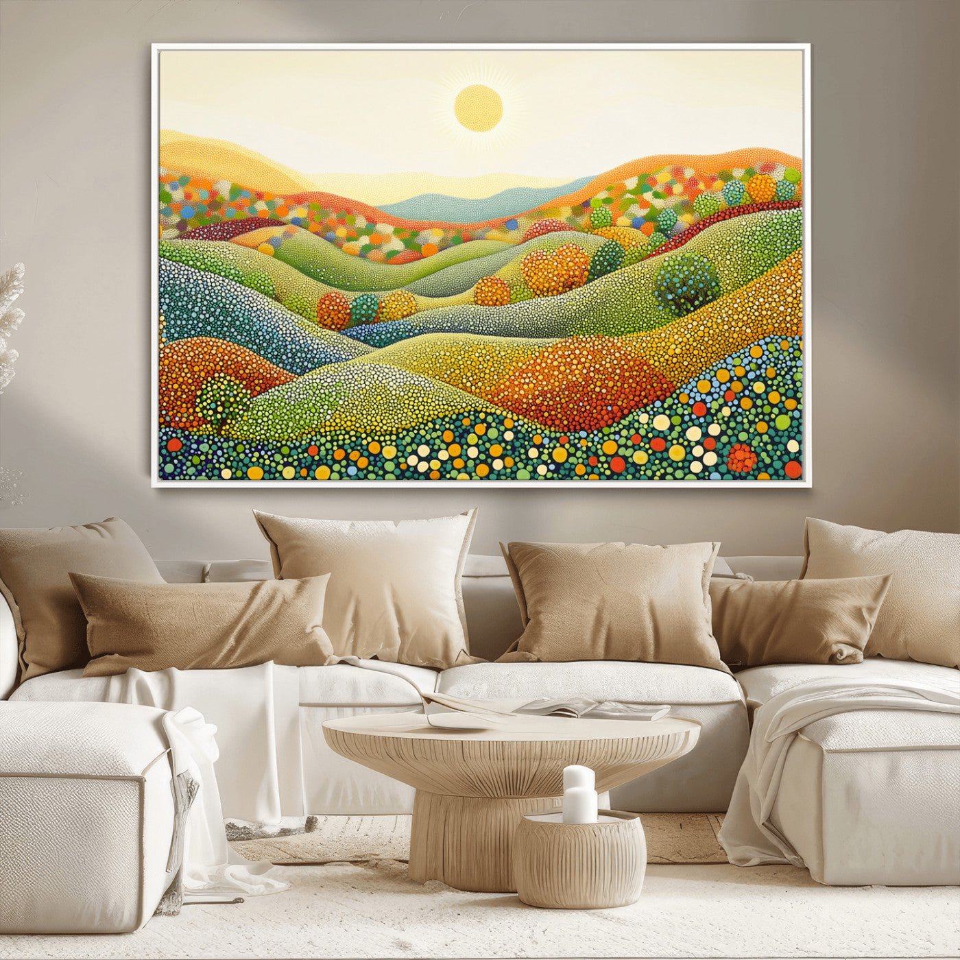 MGV-FC-36X24 - YAYOI KUSAMA Wall Art - Colorful Dot Art Landscape Canvas, Framed Japanese Dot Art