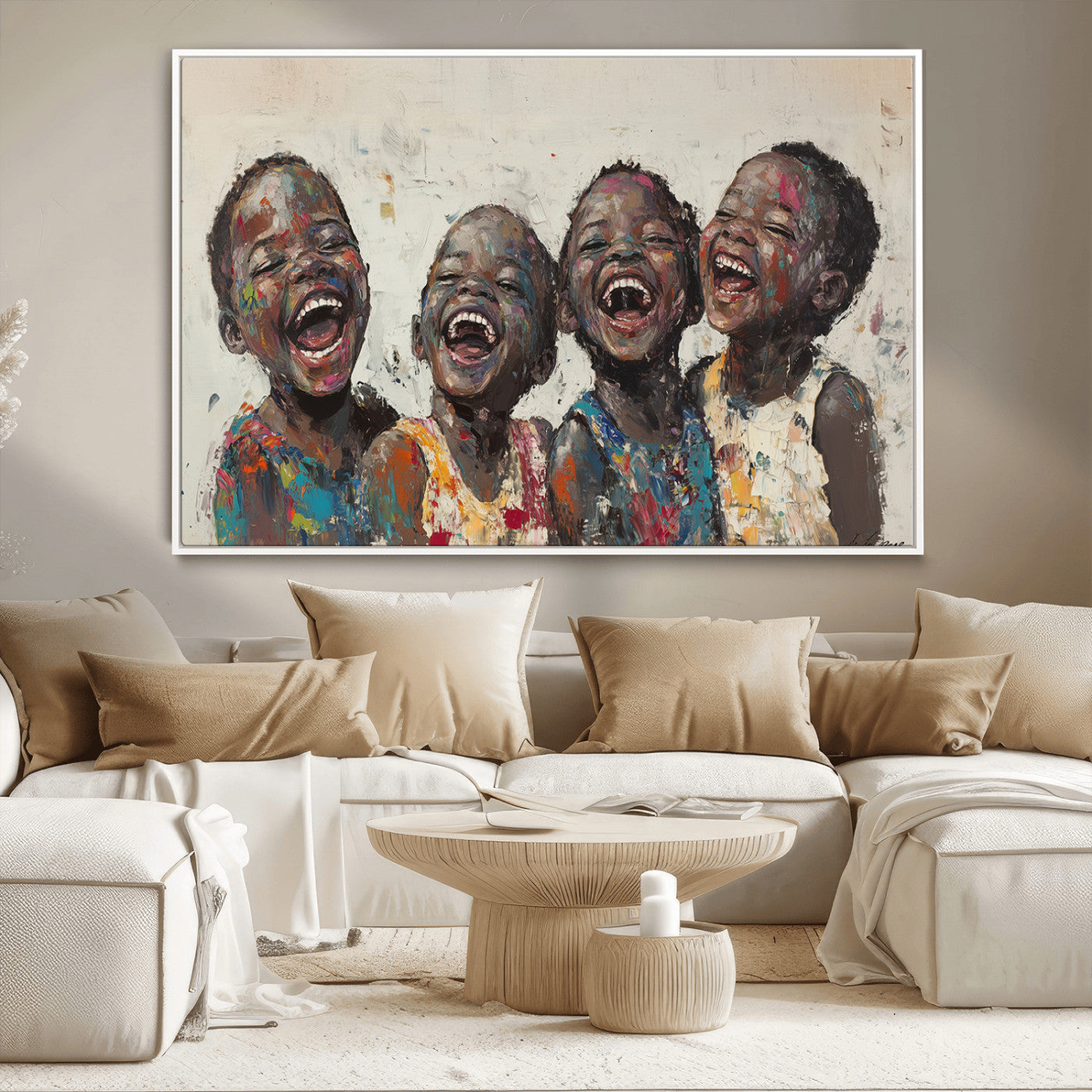 85256-MGV-CV-36X24-Shai Yossef Print - Joyful Childhood Canvas Wall Art - Expressive Impasto Painting of Laughing