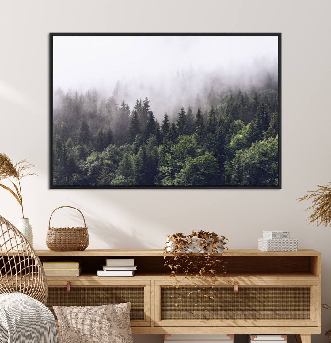 A serene triptych nature print featuring a misty forest, perfect as wall art.