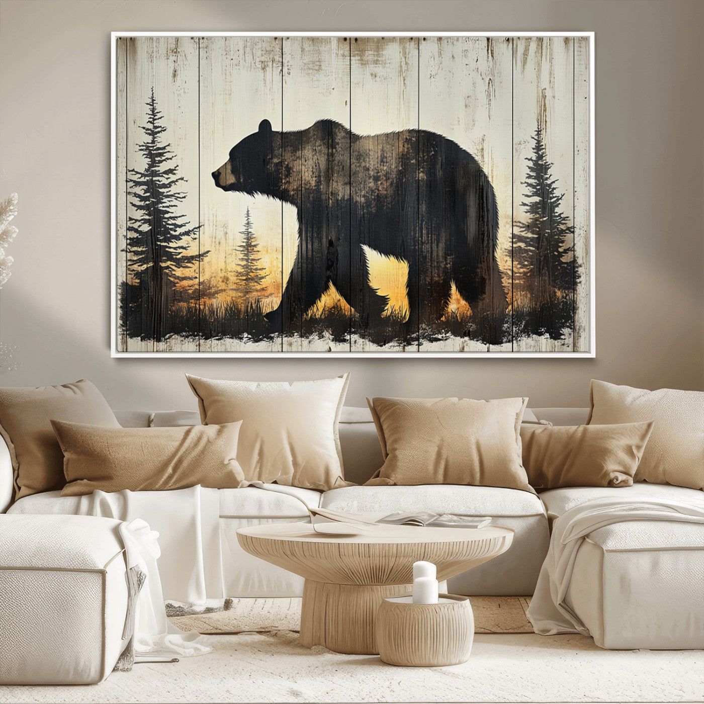 83875-MGV-CV-36X24-Vintage Bear Wall Art Canvas Print for Farmhouse - Mountain Wood Canvas Wall Art - Forest Silhouette
