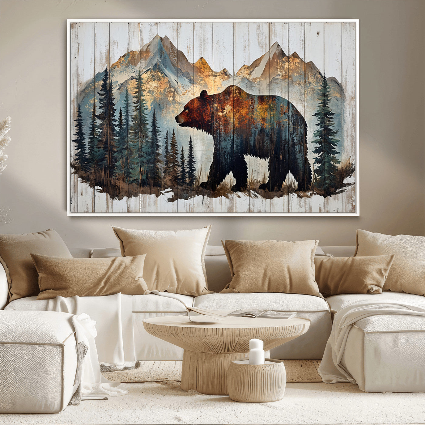 55777-MGV-CV-36X24-Rustic Grizzly 399 Bear and Mountain Wood Canvas Wall Art - Framed Nature Artwork with Forest
